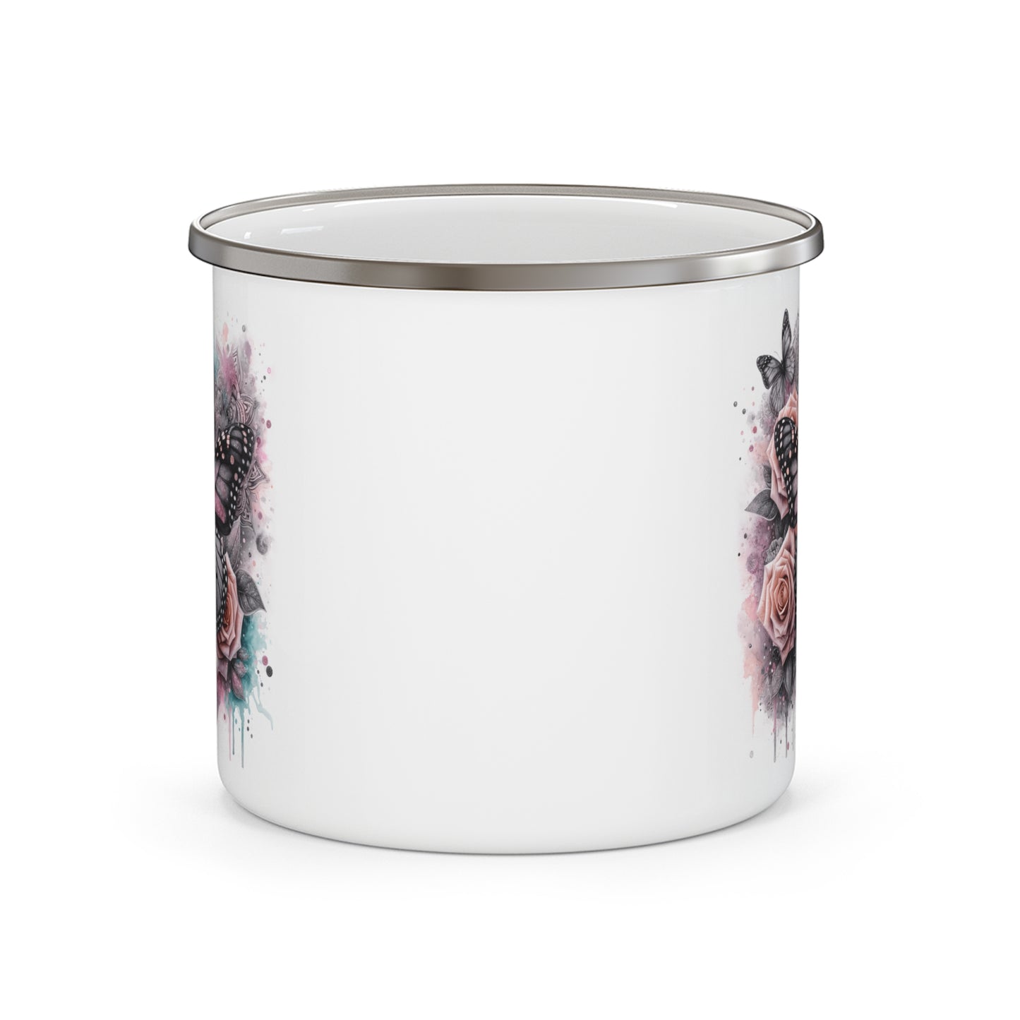 Floral Butterfly Enamel Camping Mug – Artistic Outdoor Coffee Cup for Nature Lovers