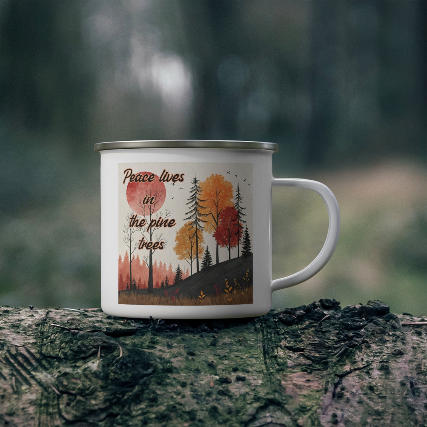 Boho Forest Camping Mug – 'Peace Lives in the Pine Trees' Enamel Cup for Mental Clarity, Healing & Nature Lovers