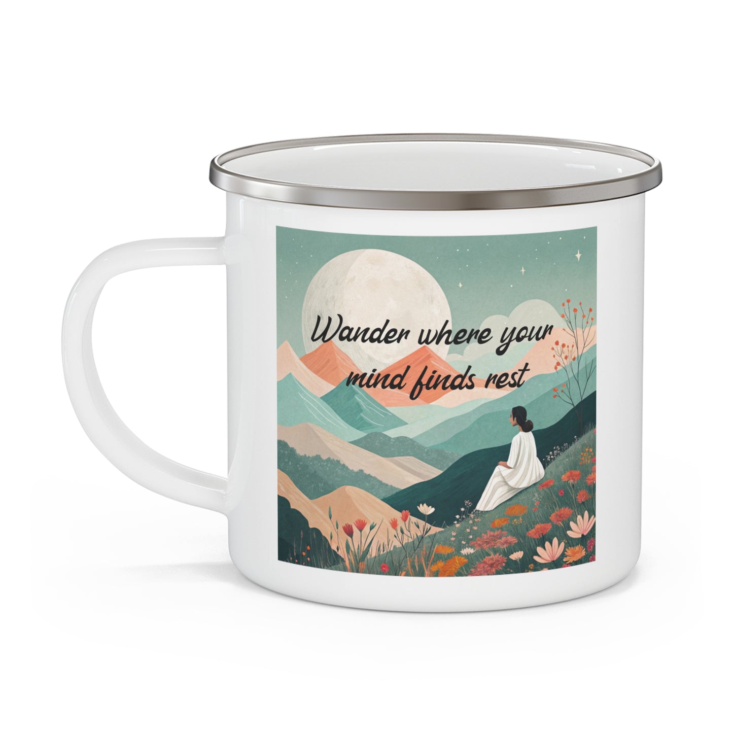 Boho Forest Camping Mug – 'Wander Where Your Mind Finds Rest' Enamel Cup for Mental Clarity, Peace & Nature Lovers