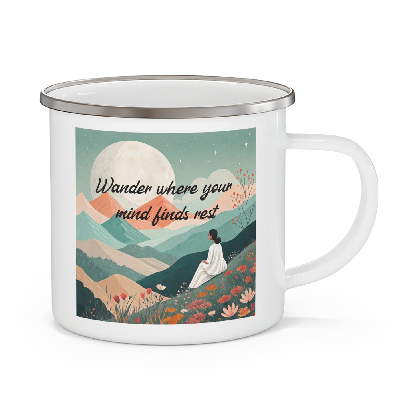 Boho Forest Camping Mug – 'Wander Where Your Mind Finds Rest' Enamel Cup for Mental Clarity, Peace & Nature Lovers