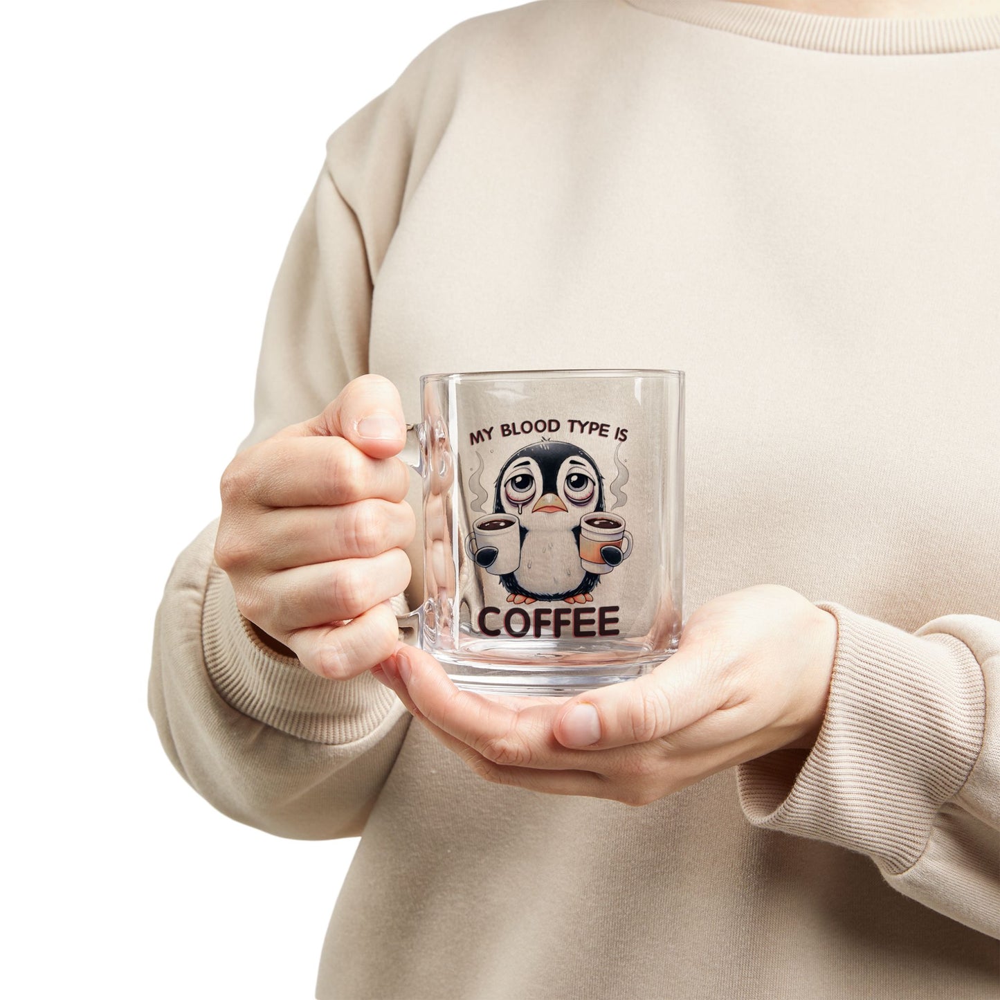 Funny Penguin Glass Mug – 10oz, “Coffee Is My Blood Type” – Perfect Gift for Coffee Lovers