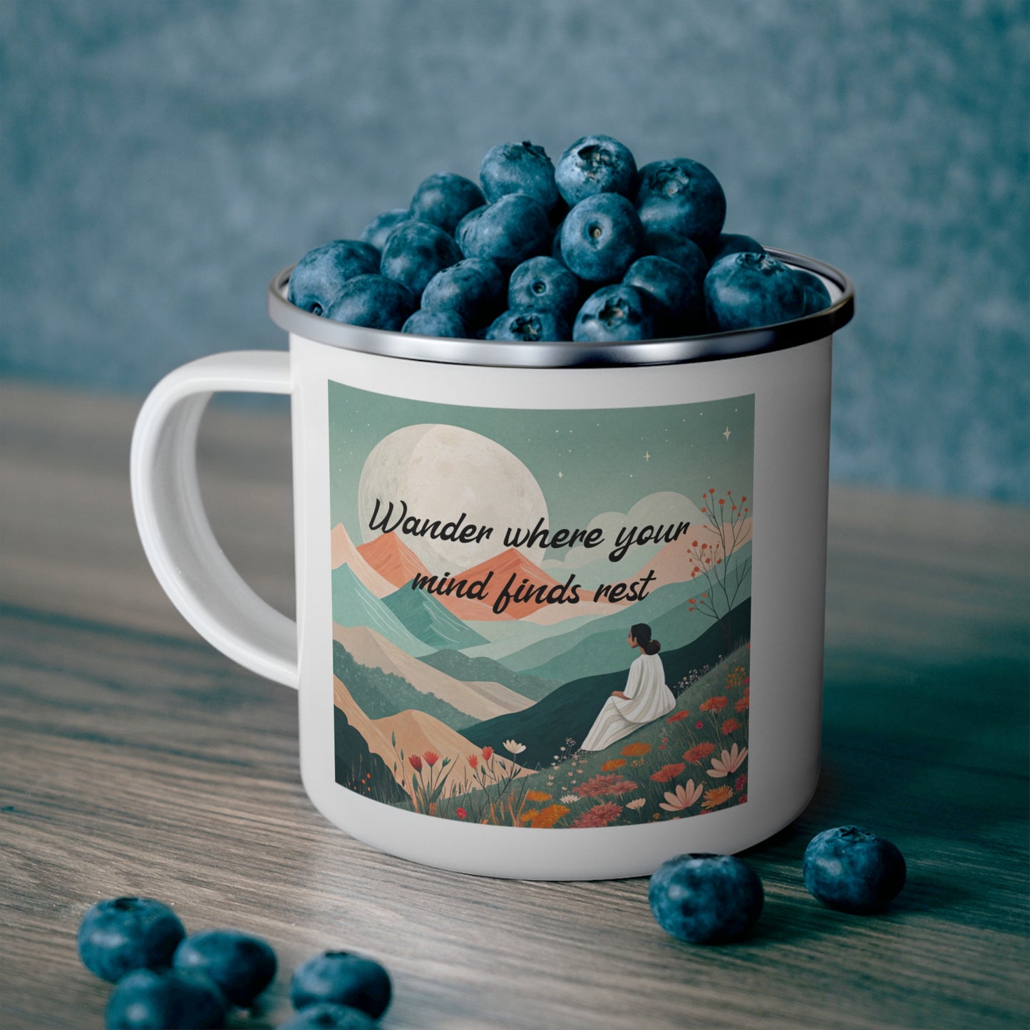 Boho Forest Camping Mug – 'Wander Where Your Mind Finds Rest' Enamel Cup for Mental Clarity, Peace & Nature Lovers
