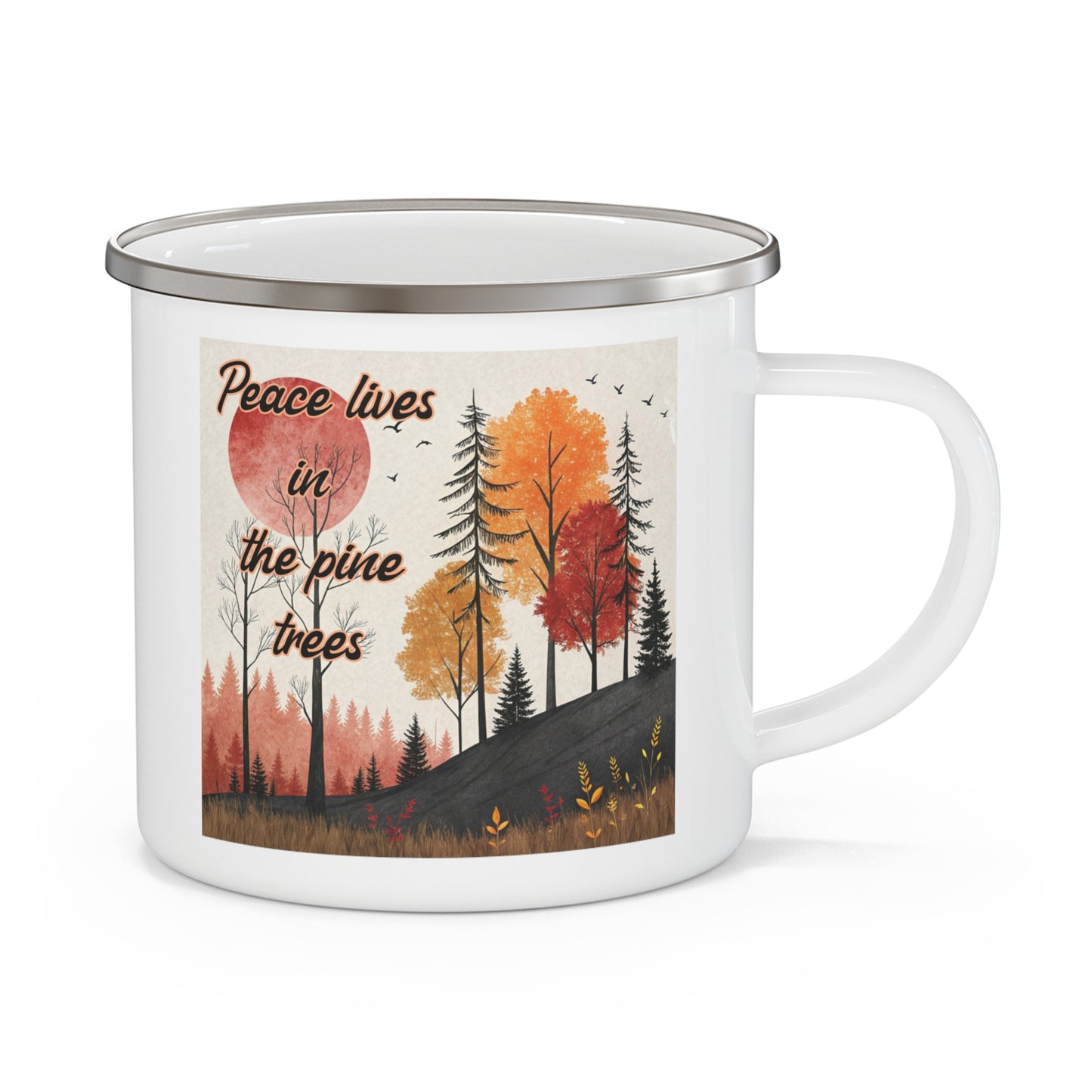 Boho Forest Camping Mug – 'Peace Lives in the Pine Trees' Enamel Cup for Mental Clarity, Healing & Nature Lovers