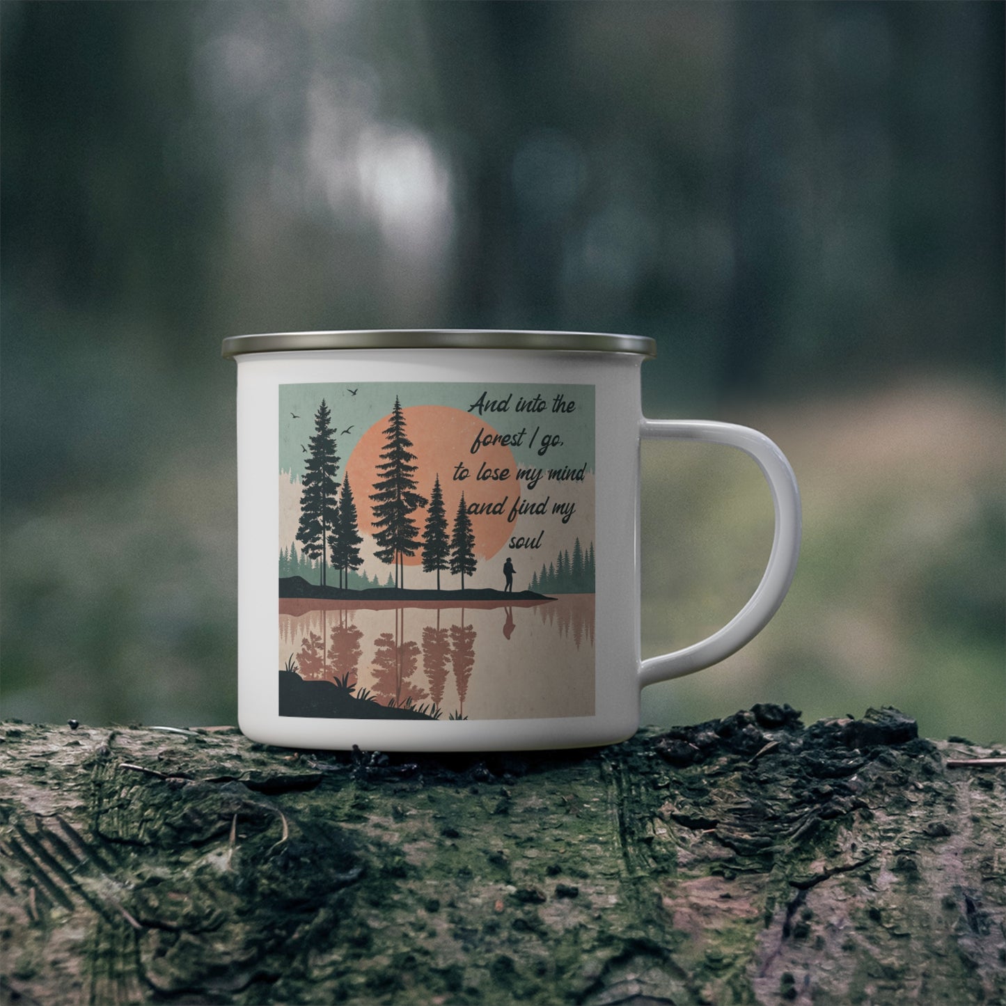 Boho Forest Camping Mug – 'And Into the Forest I Go...' Enamel Cup for Mental Clarity, Healing & Nature Lovers
