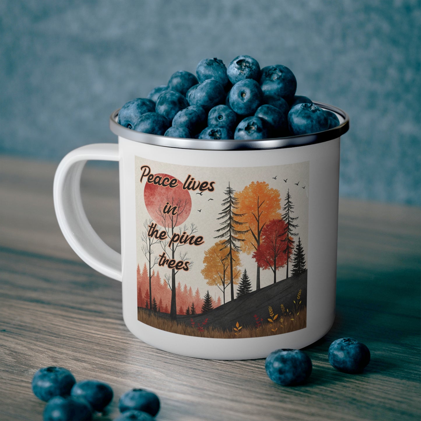 Boho Forest Camping Mug – 'Peace Lives in the Pine Trees' Enamel Cup for Mental Clarity, Healing & Nature Lovers