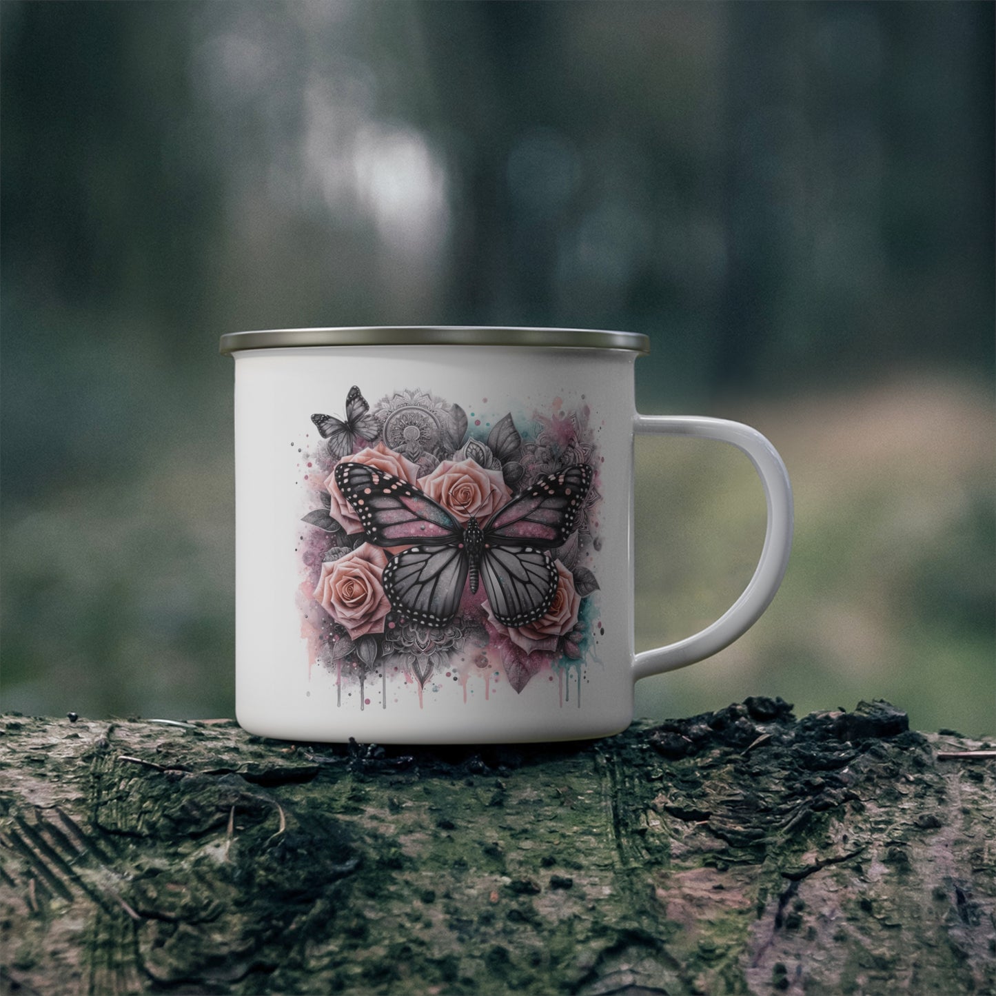 Floral Butterfly Enamel Camping Mug – Artistic Outdoor Coffee Cup for Nature Lovers