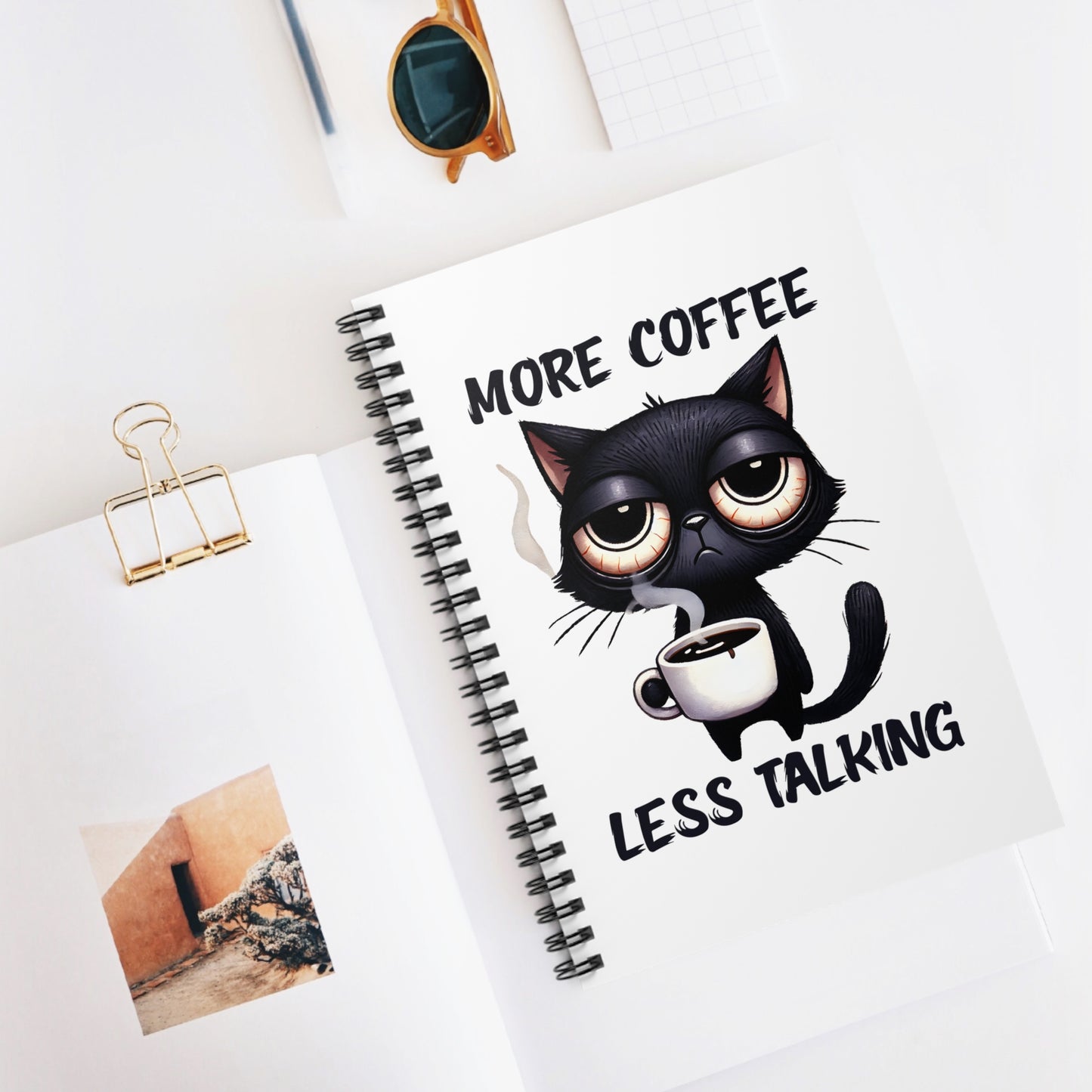 Coffee Cat Spiral Notebook – ‘More Coffee, Less Talking’ – Cute Cat Journal, Daily Planner, Gift for Cat Lovers, School Supplies, Stationery