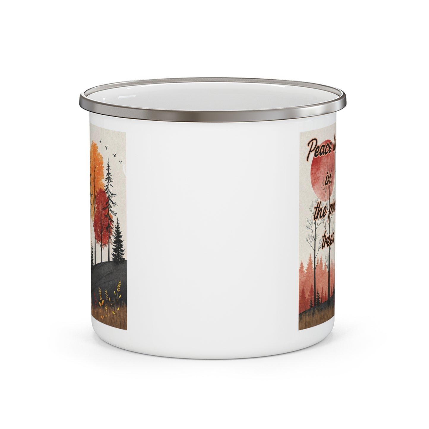 Boho Forest Camping Mug – 'Peace Lives in the Pine Trees' Enamel Cup for Mental Clarity, Healing & Nature Lovers