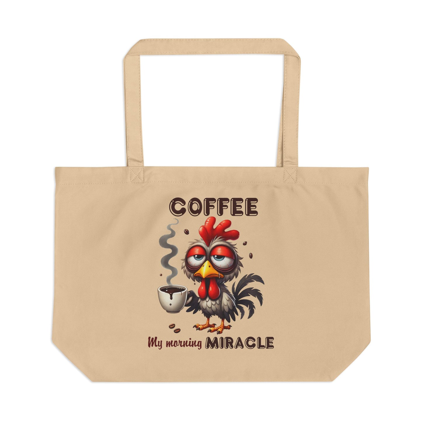 Funny Rooster Eco Tote Bag – Large Organic Cotton, 6-Gallon Capacity, Coffee Lover Gift