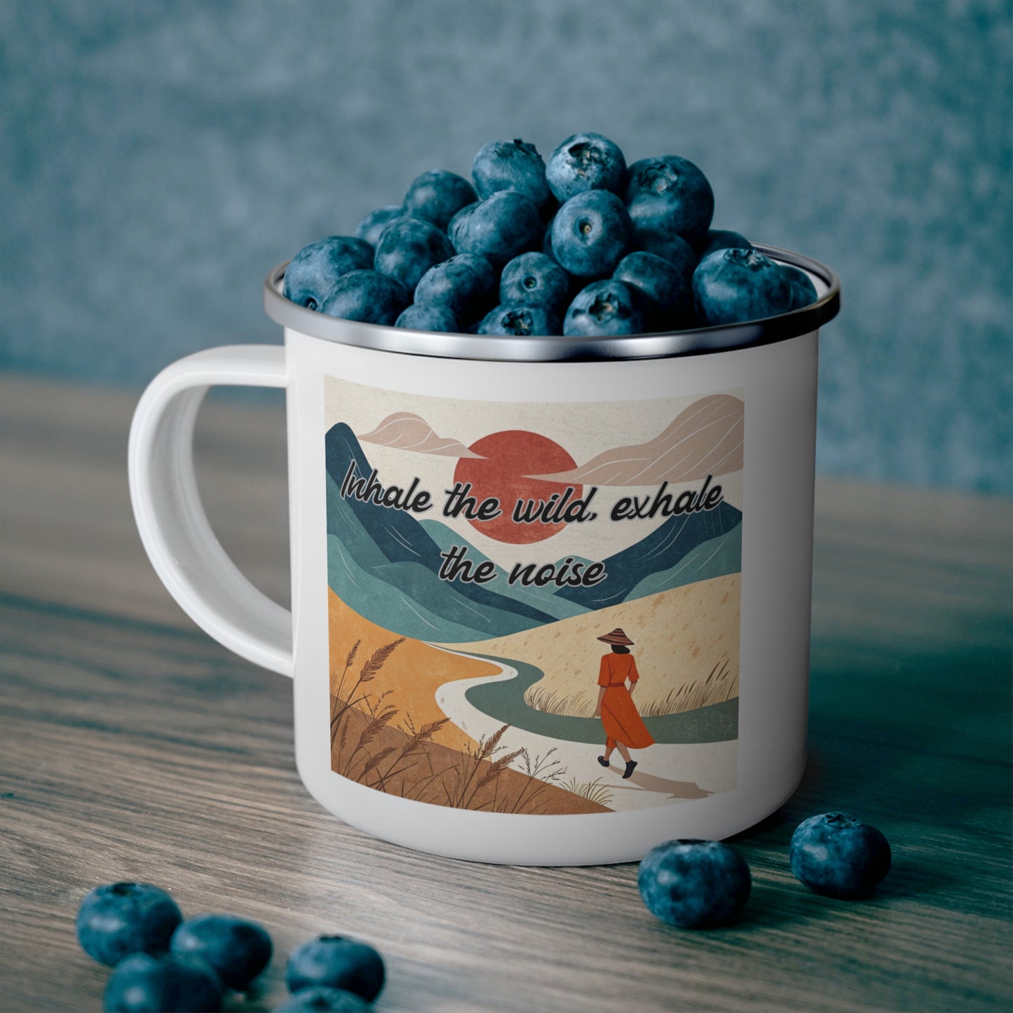 Boho Forest Camping Mug – 'Inhale the Wild, Exhale the Noise' Enamel Cup for Mental Clarity, Inner Peace & Nature Lovers