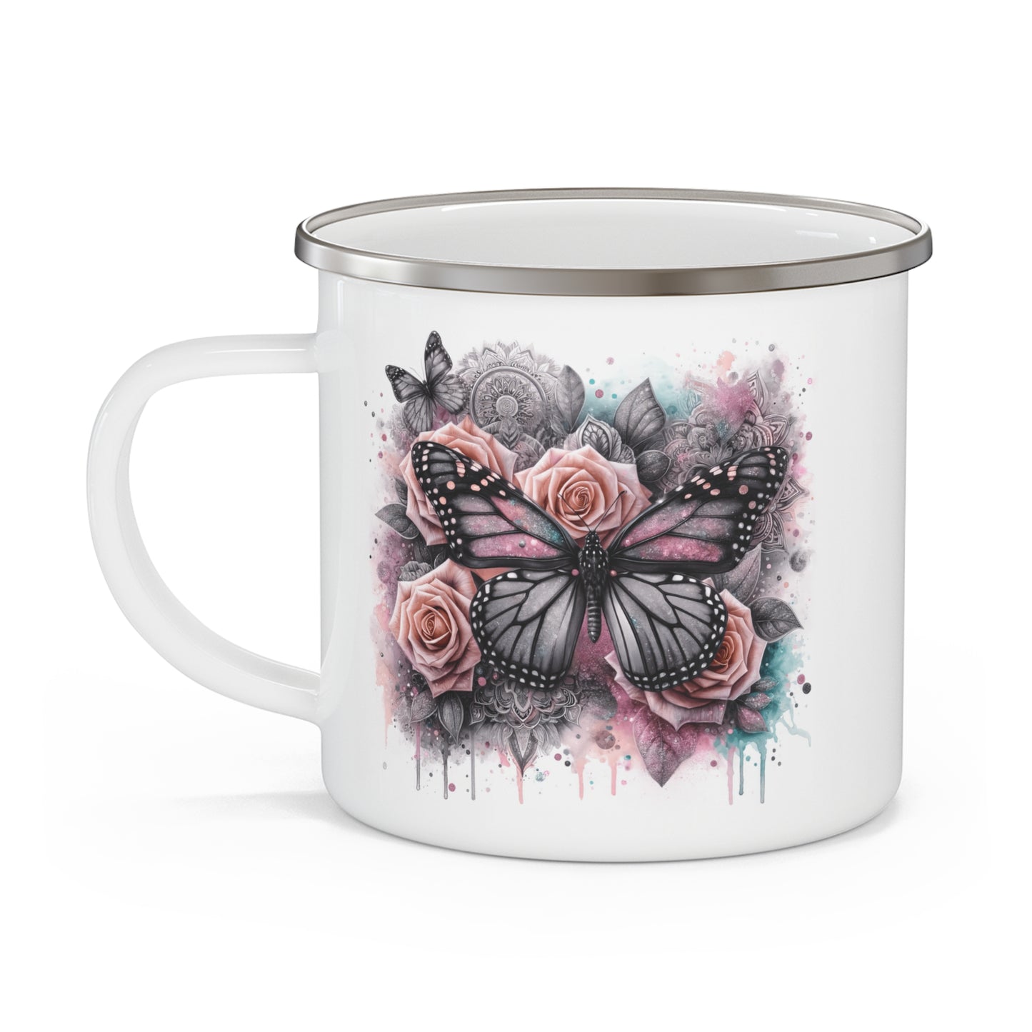 Floral Butterfly Enamel Camping Mug – Artistic Outdoor Coffee Cup for Nature Lovers