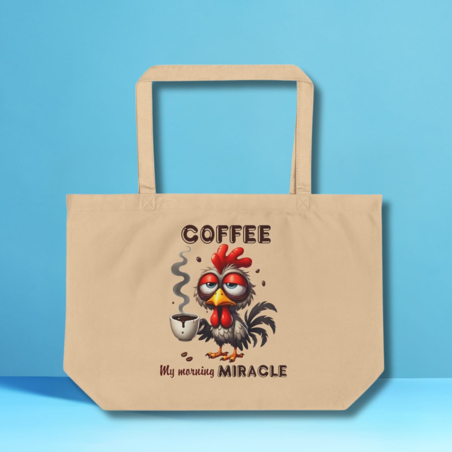 Funny Rooster Eco Tote Bag – Large Organic Cotton, 6-Gallon Capacity, Coffee Lover Gift