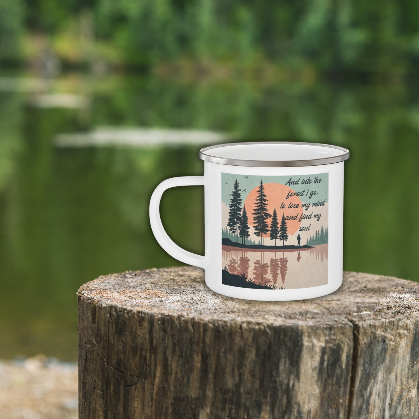 Boho Forest Camping Mug – 'And Into the Forest I Go...' Enamel Cup for Mental Clarity, Healing & Nature Lovers