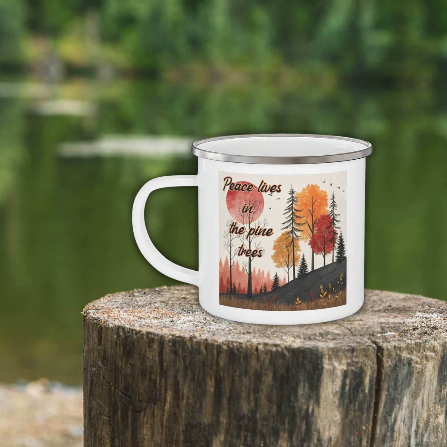 Boho Forest Camping Mug – 'Peace Lives in the Pine Trees' Enamel Cup for Mental Clarity, Healing & Nature Lovers