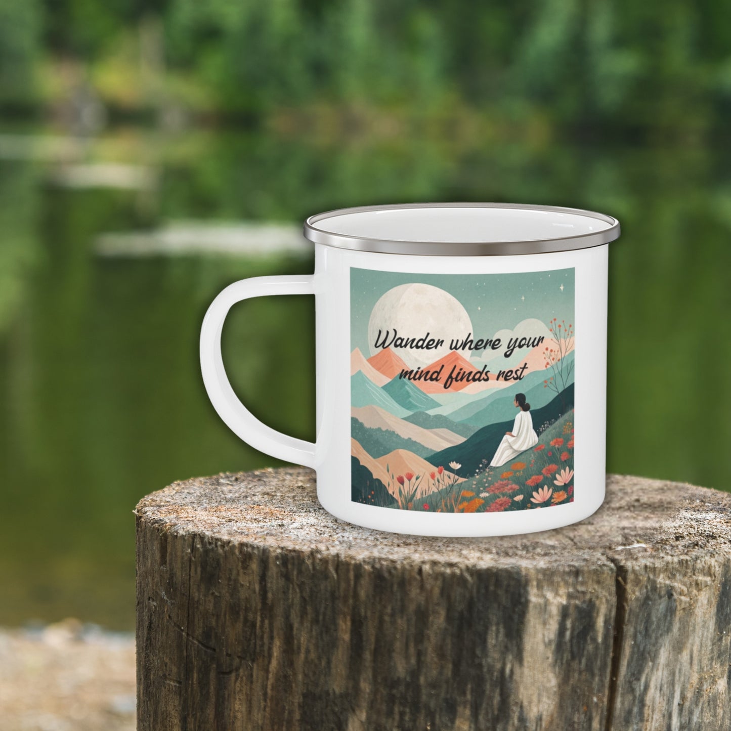 Boho Forest Camping Mug – 'Wander Where Your Mind Finds Rest' Enamel Cup for Mental Clarity, Peace & Nature Lovers