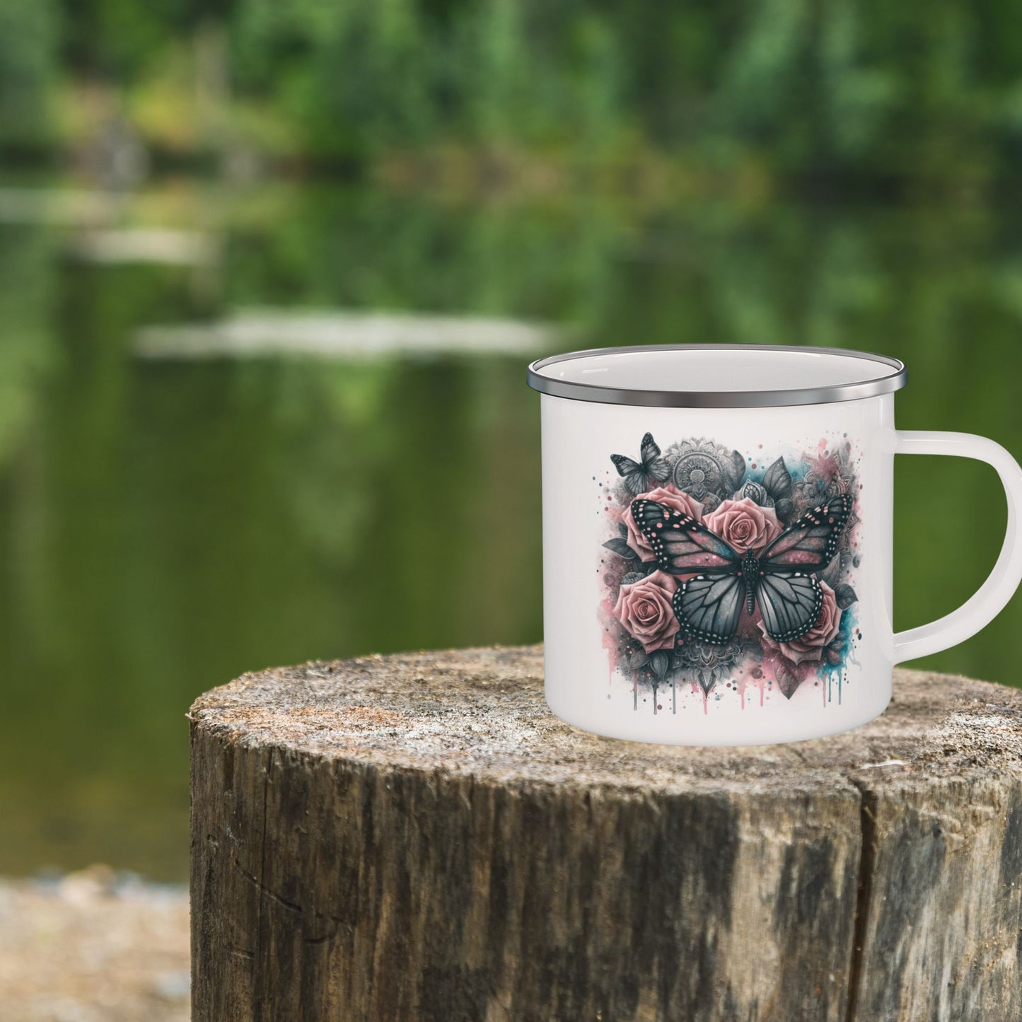 Floral Butterfly Enamel Camping Mug – Artistic Outdoor Coffee Cup for Nature Lovers