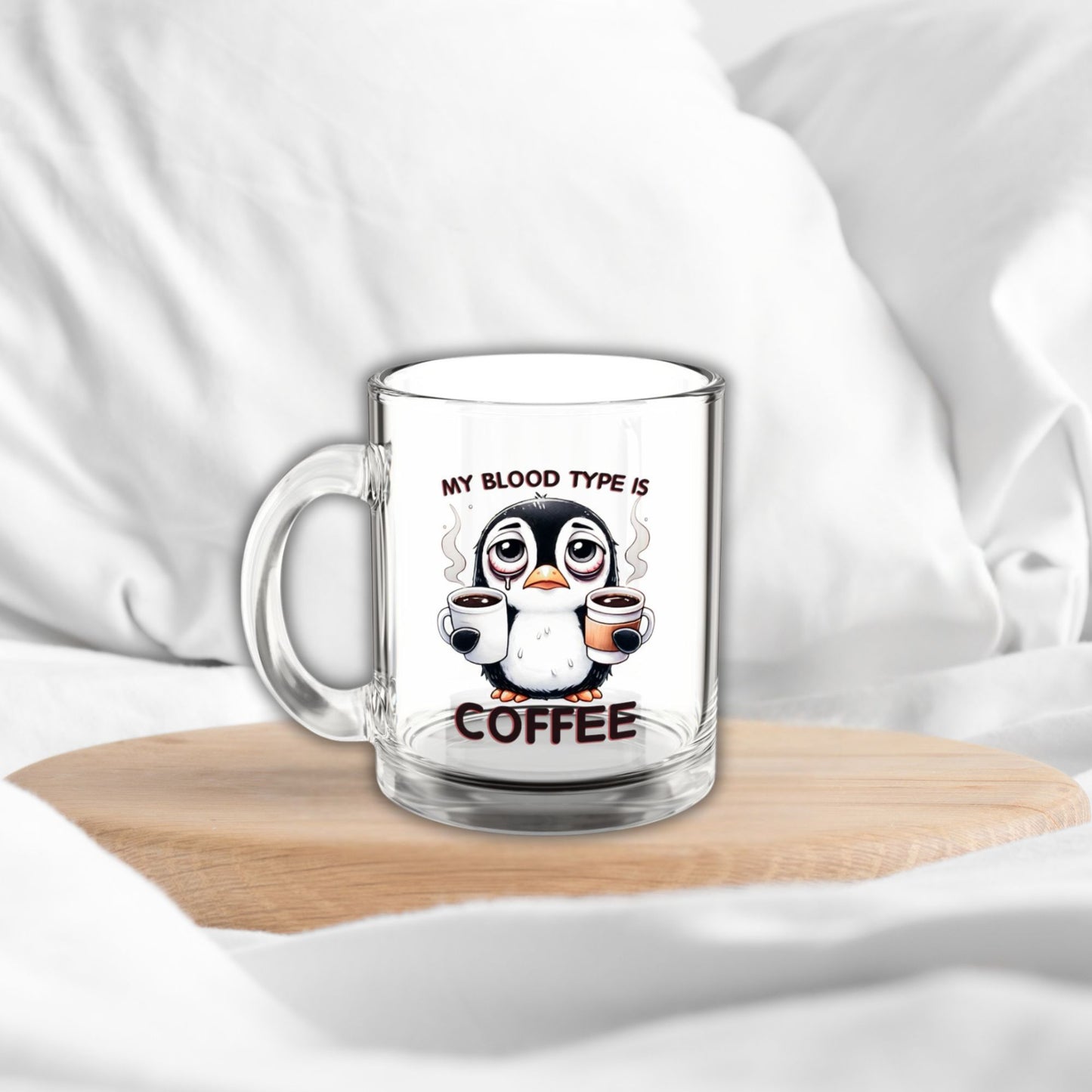 Funny Penguin Glass Mug – 10oz, “Coffee Is My Blood Type” – Perfect Gift for Coffee Lovers