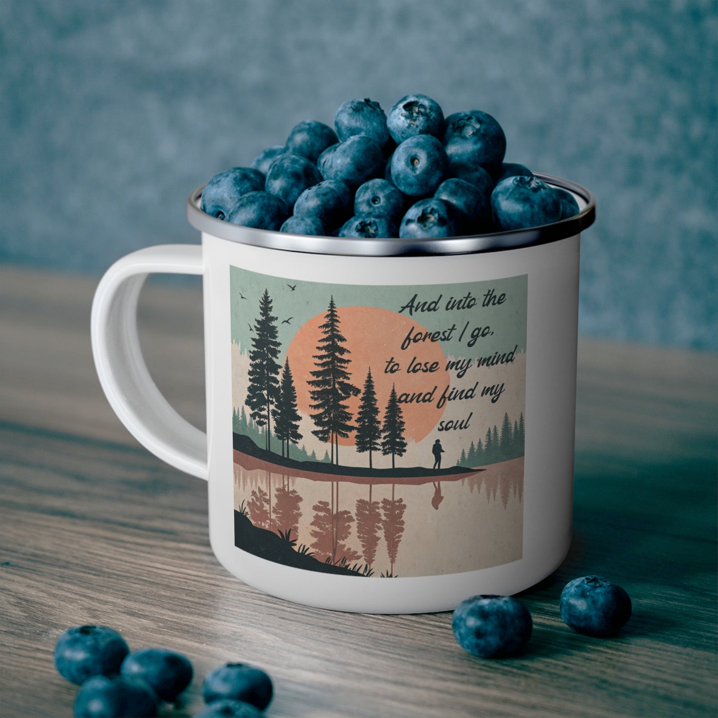Boho Forest Camping Mug – 'And Into the Forest I Go...' Enamel Cup for Mental Clarity, Healing & Nature Lovers