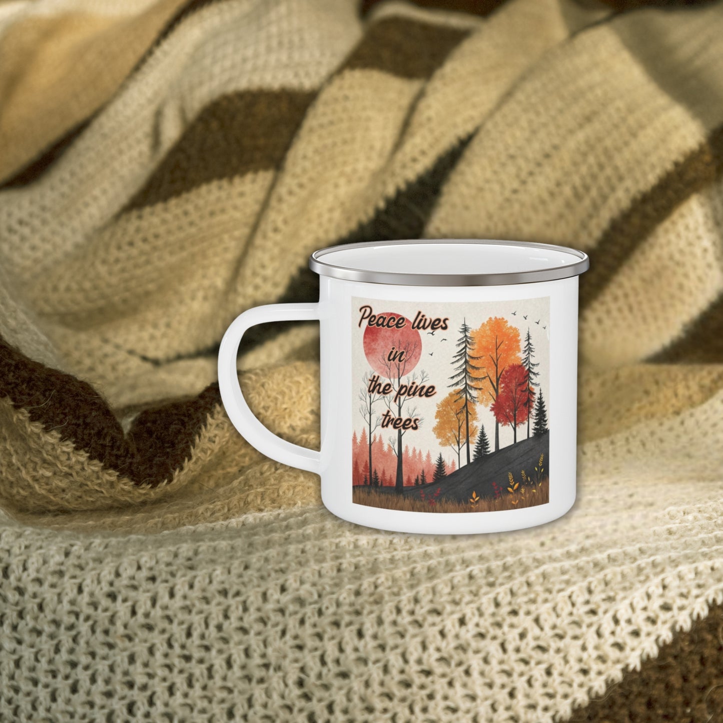 Boho Forest Camping Mug – 'Peace Lives in the Pine Trees' Enamel Cup for Mental Clarity, Healing & Nature Lovers