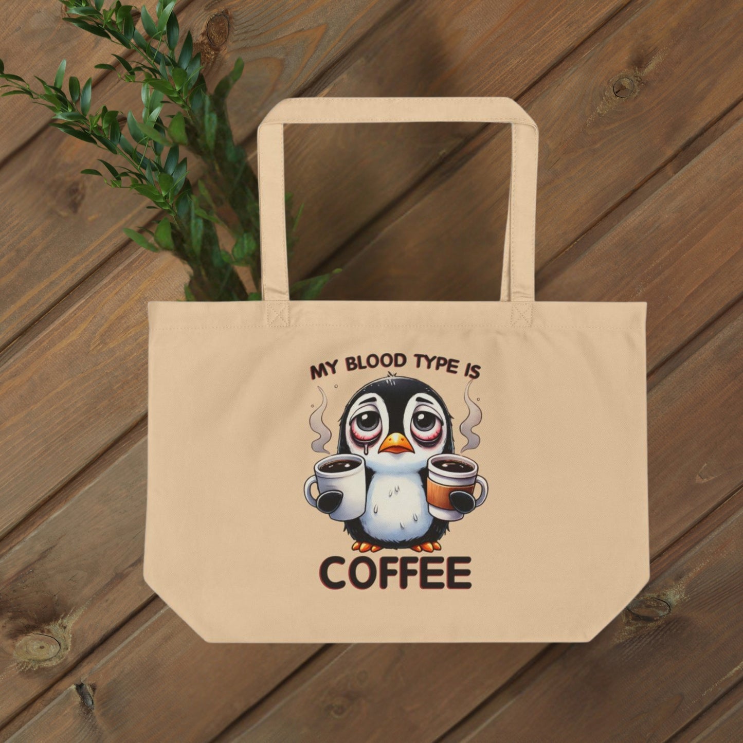 Funny Penguin Eco Tote Bag – Large Organic Cotton, 6-Gallon Capacity, “Coffee Is My Blood Type” Gift for Coffee Lovers