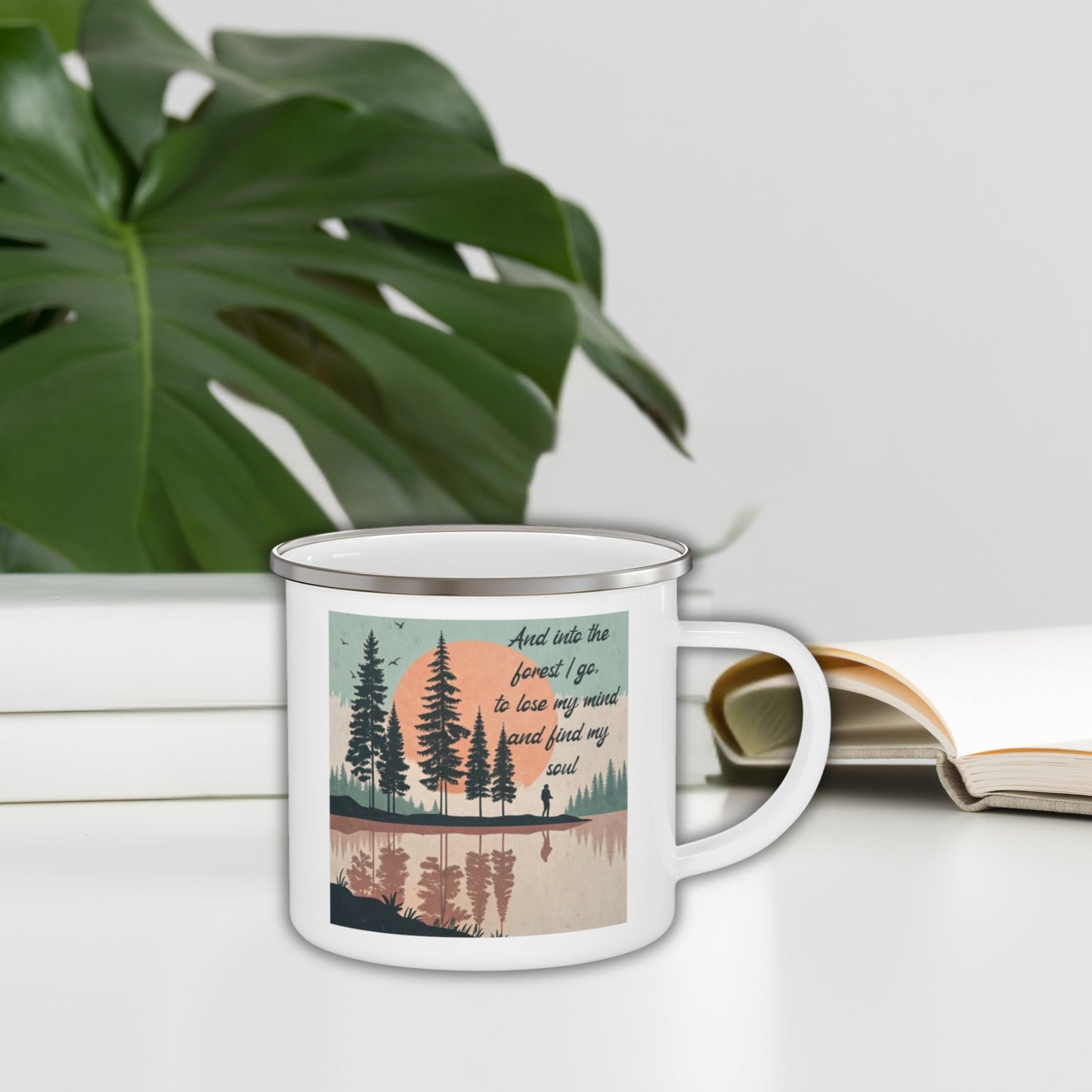Boho Forest Camping Mug – 'And Into the Forest I Go...' Enamel Cup for Mental Clarity, Healing & Nature Lovers
