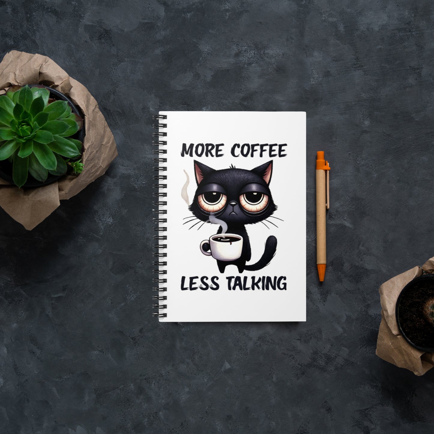 Coffee Cat Spiral Notebook – ‘More Coffee, Less Talking’ – Cute Cat Journal, Daily Planner, Gift for Cat Lovers, School Supplies, Stationery