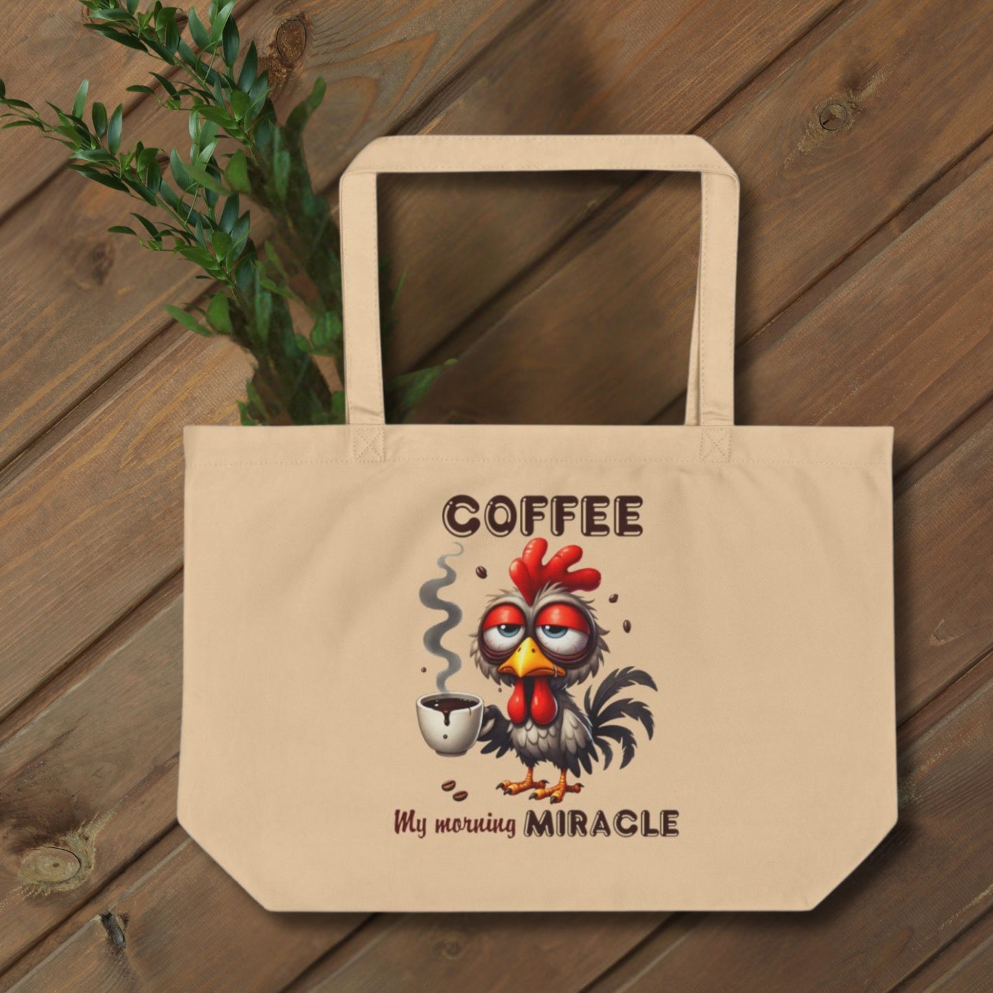 Funny Rooster Eco Tote Bag – Large Organic Cotton, 6-Gallon Capacity, Coffee Lover Gift