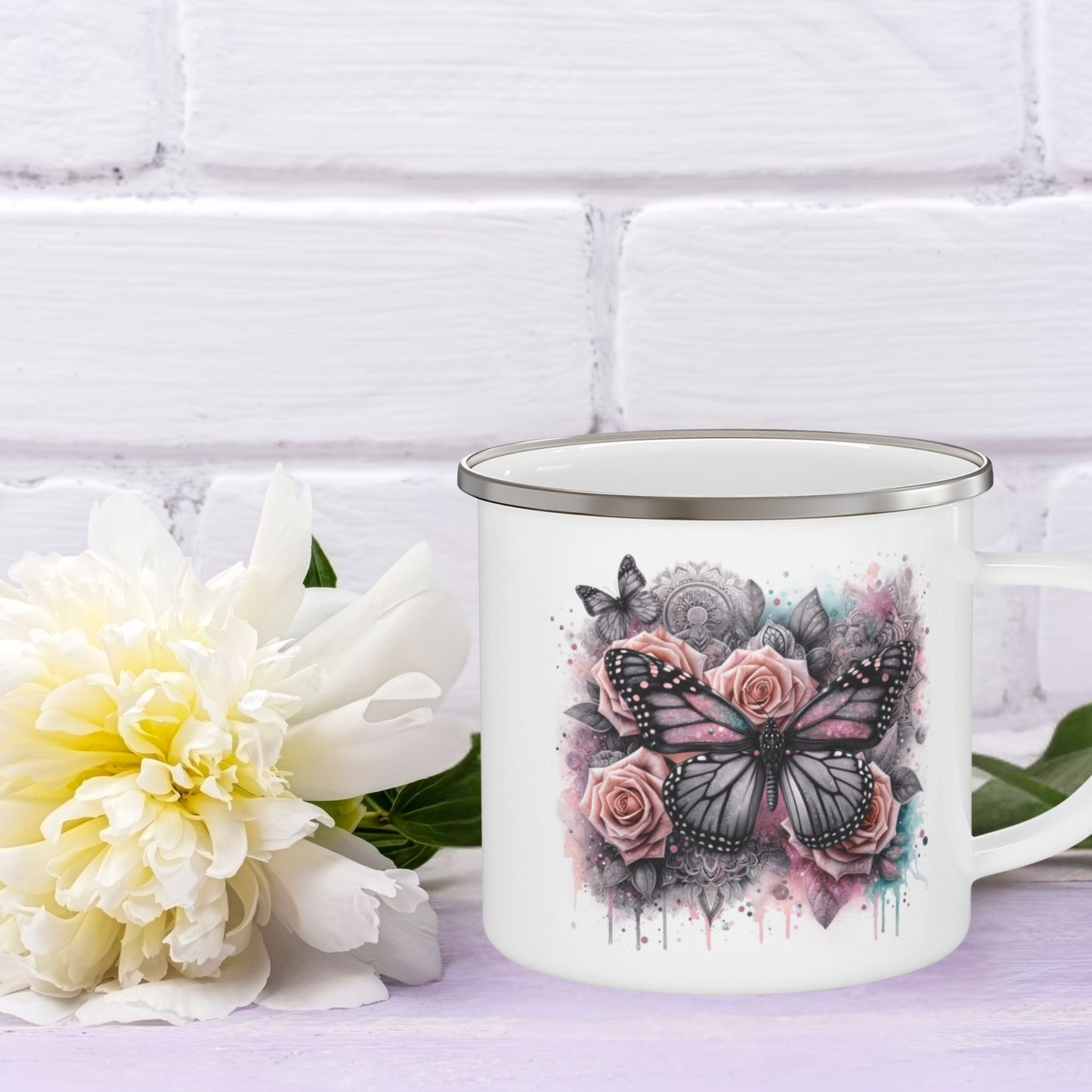 Floral Butterfly Enamel Camping Mug – Artistic Outdoor Coffee Cup for Nature Lovers