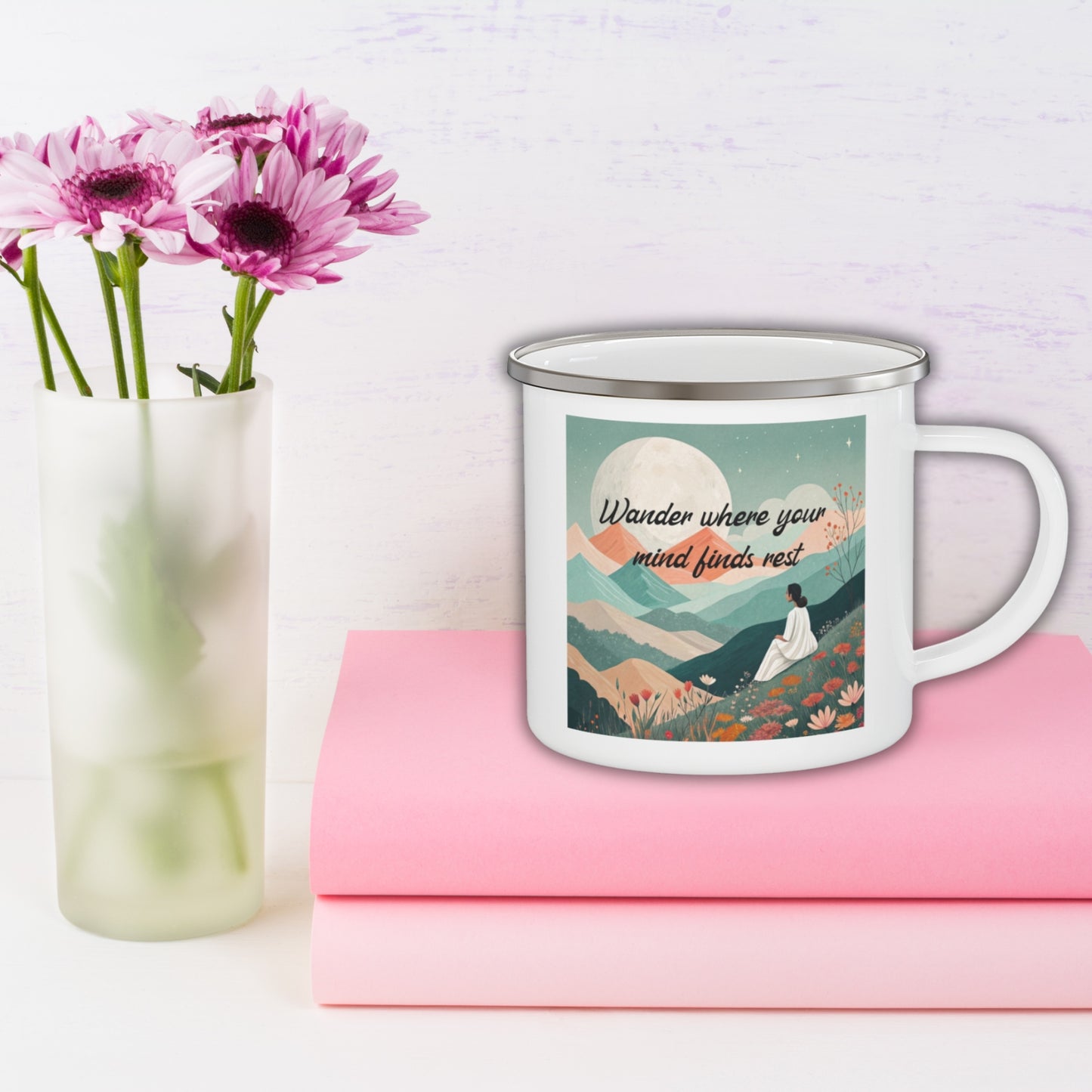 Boho Forest Camping Mug – 'Wander Where Your Mind Finds Rest' Enamel Cup for Mental Clarity, Peace & Nature Lovers