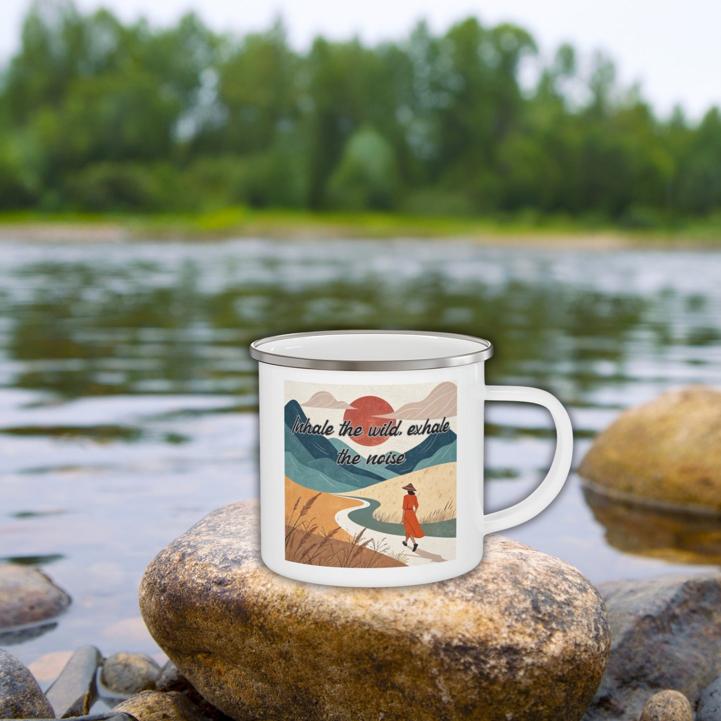 Boho Forest Camping Mug – 'Inhale the Wild, Exhale the Noise' Enamel Cup for Mental Clarity, Inner Peace & Nature Lovers