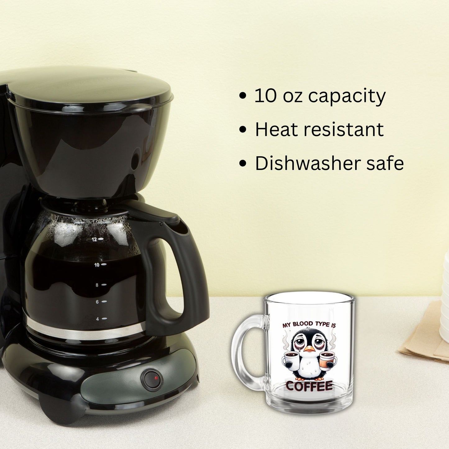 Funny Penguin Glass Mug – 10oz, “Coffee Is My Blood Type” – Perfect Gift for Coffee Lovers