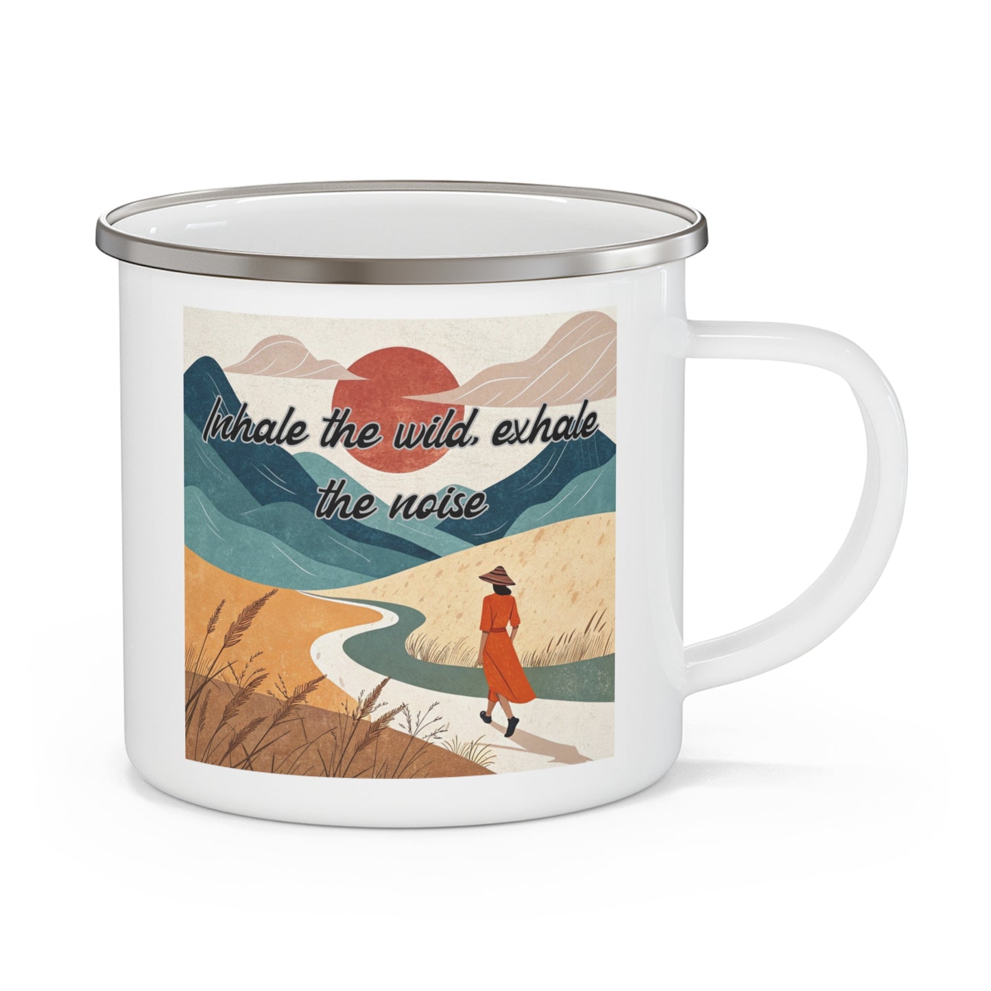 Boho Forest Camping Mug – 'Inhale the Wild, Exhale the Noise' Enamel Cup for Mental Clarity, Inner Peace & Nature Lovers