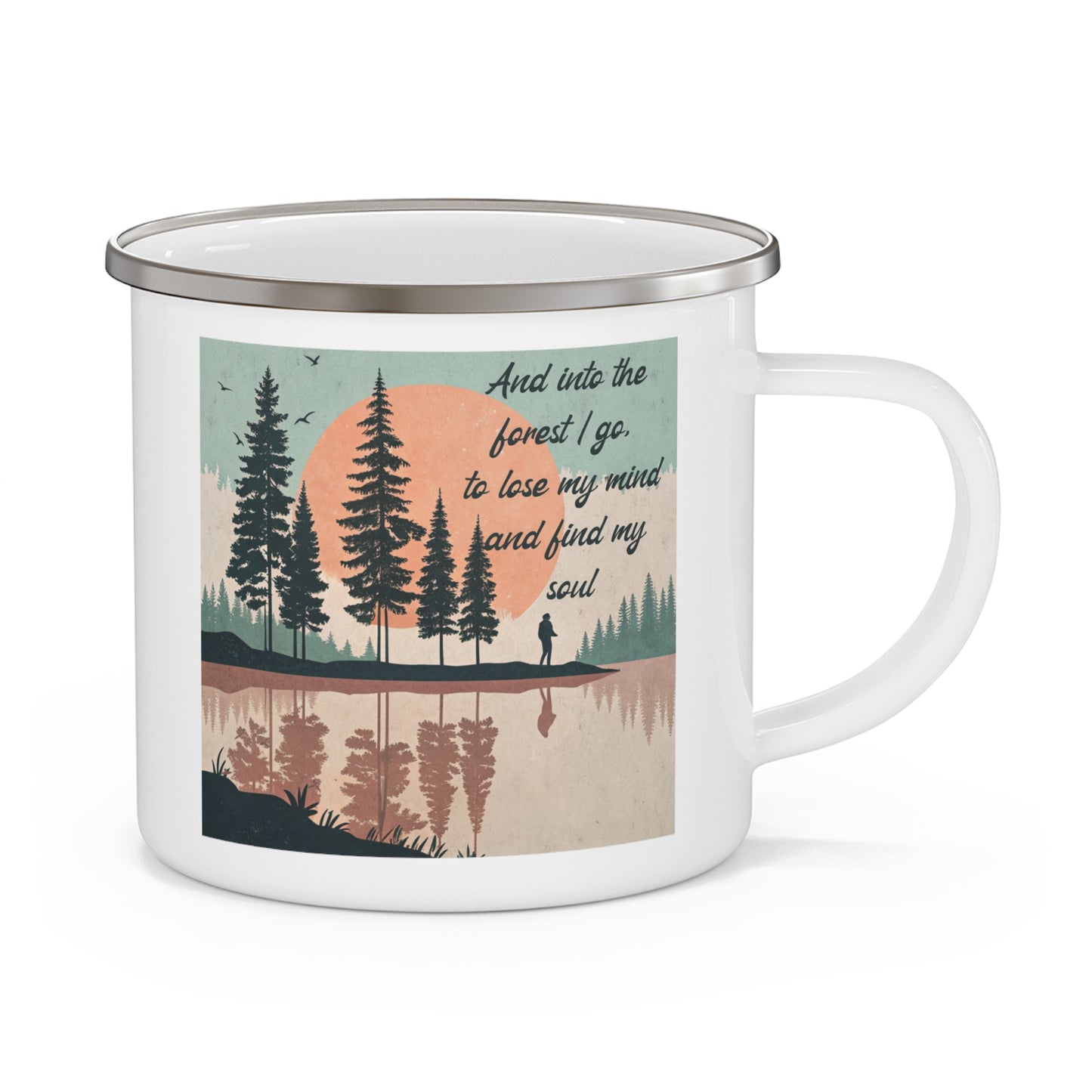Boho Forest Camping Mug – 'And Into the Forest I Go...' Enamel Cup for Mental Clarity, Healing & Nature Lovers