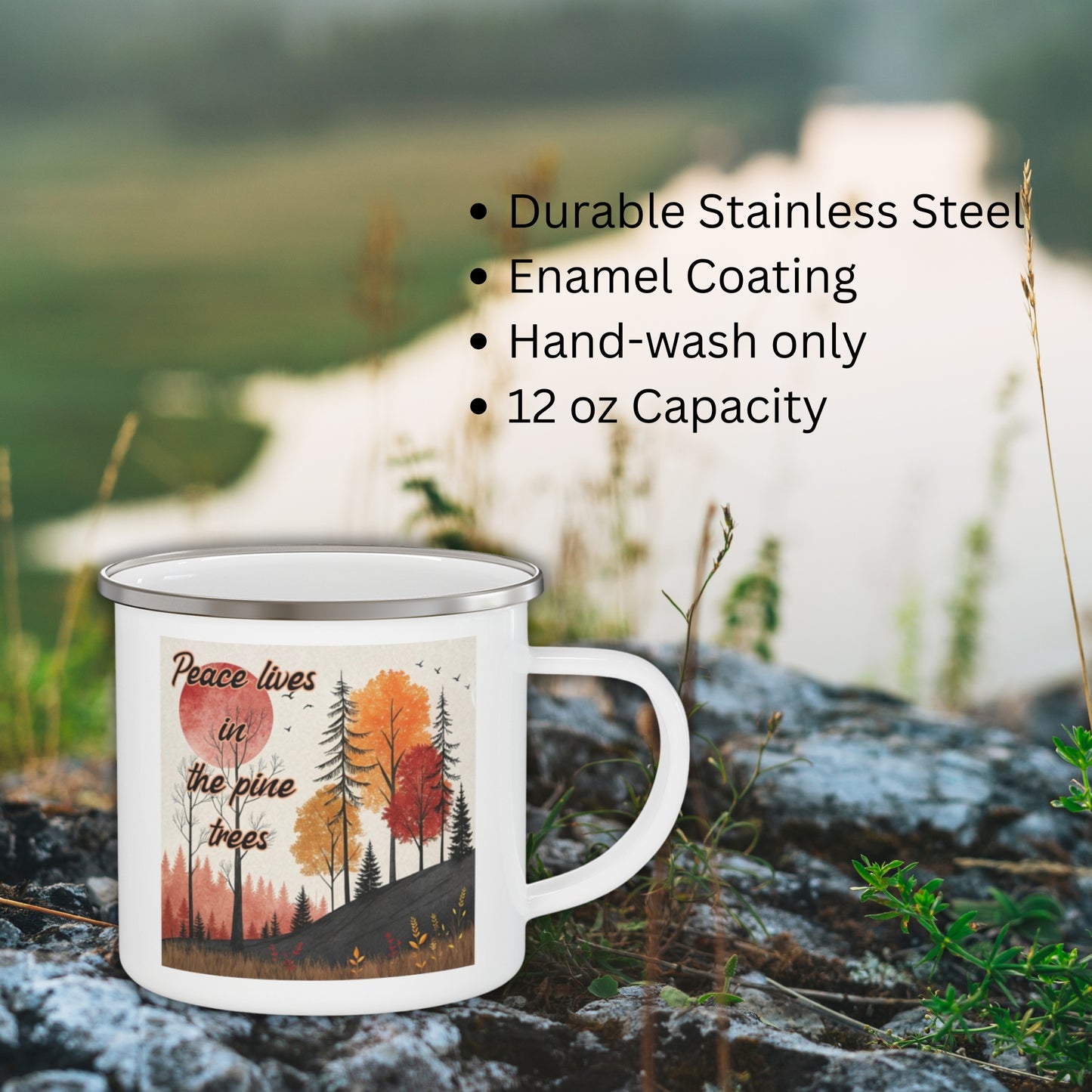 Boho Forest Camping Mug – 'Peace Lives in the Pine Trees' Enamel Cup for Mental Clarity, Healing & Nature Lovers