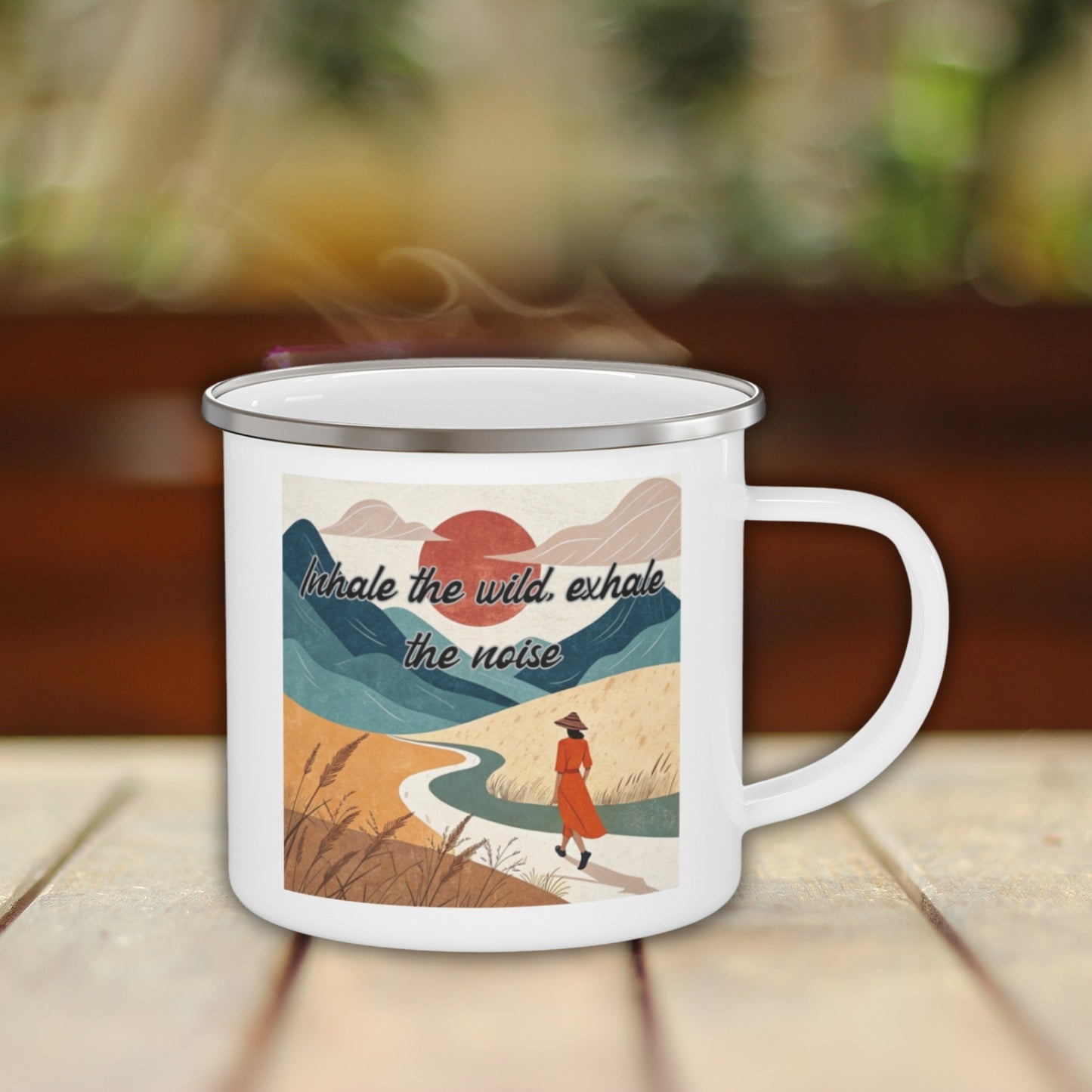 Boho Forest Camping Mug – 'Inhale the Wild, Exhale the Noise' Enamel Cup for Mental Clarity, Inner Peace & Nature Lovers