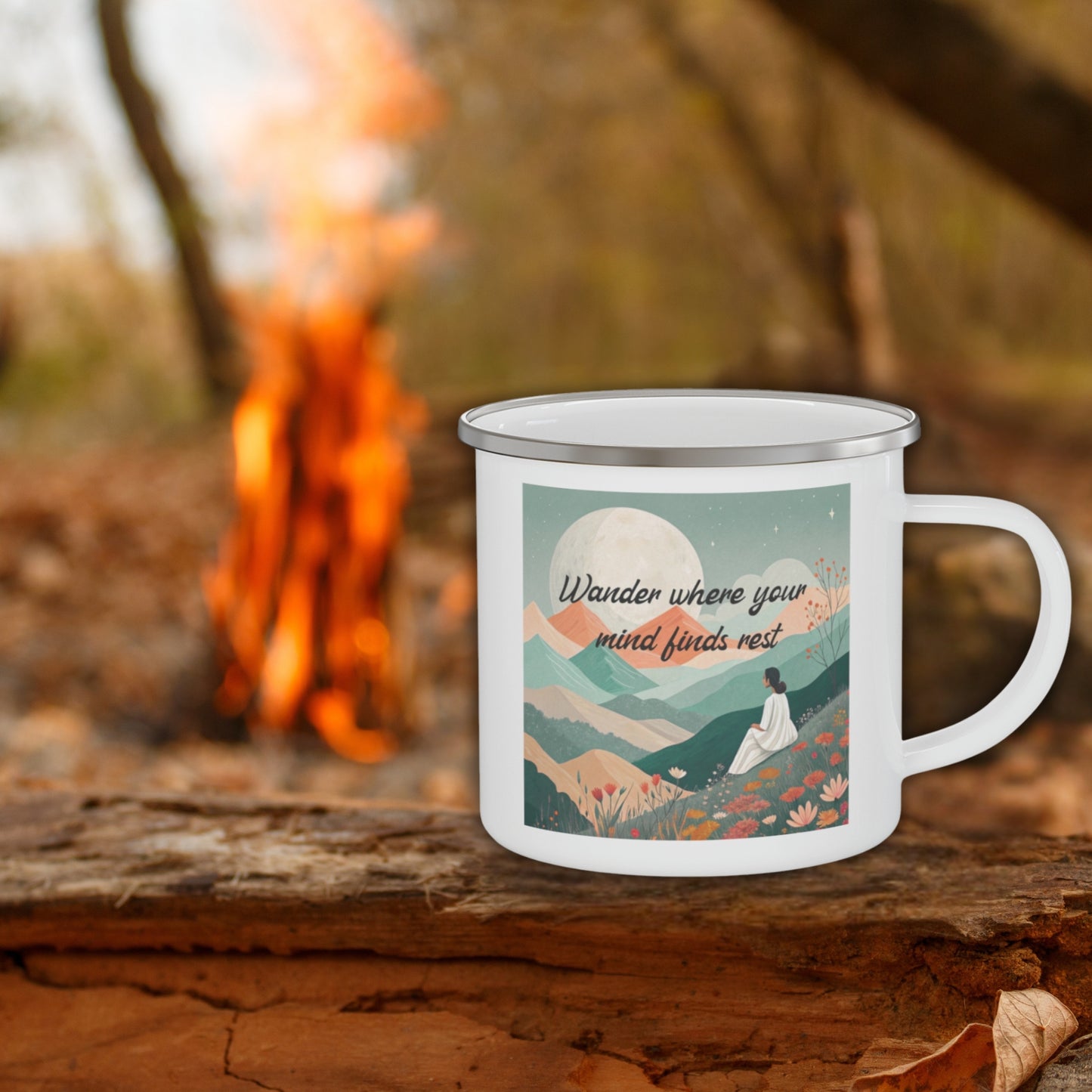 Boho Forest Camping Mug – 'Wander Where Your Mind Finds Rest' Enamel Cup for Mental Clarity, Peace & Nature Lovers