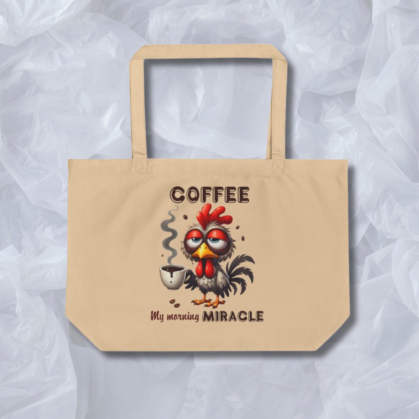 Funny Rooster Eco Tote Bag – Large Organic Cotton, 6-Gallon Capacity, Coffee Lover Gift