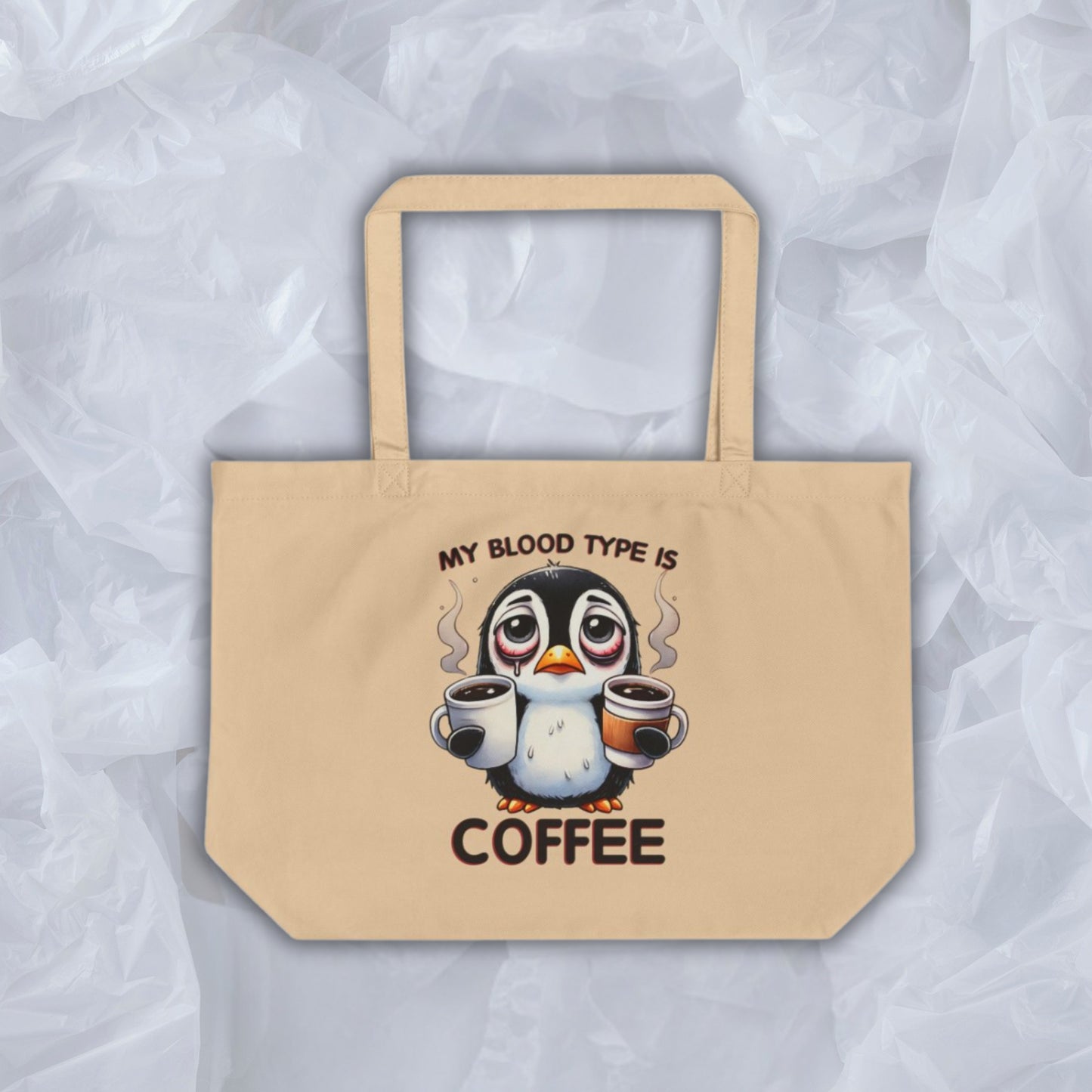 Funny Penguin Eco Tote Bag – Large Organic Cotton, 6-Gallon Capacity, “Coffee Is My Blood Type” Gift for Coffee Lovers