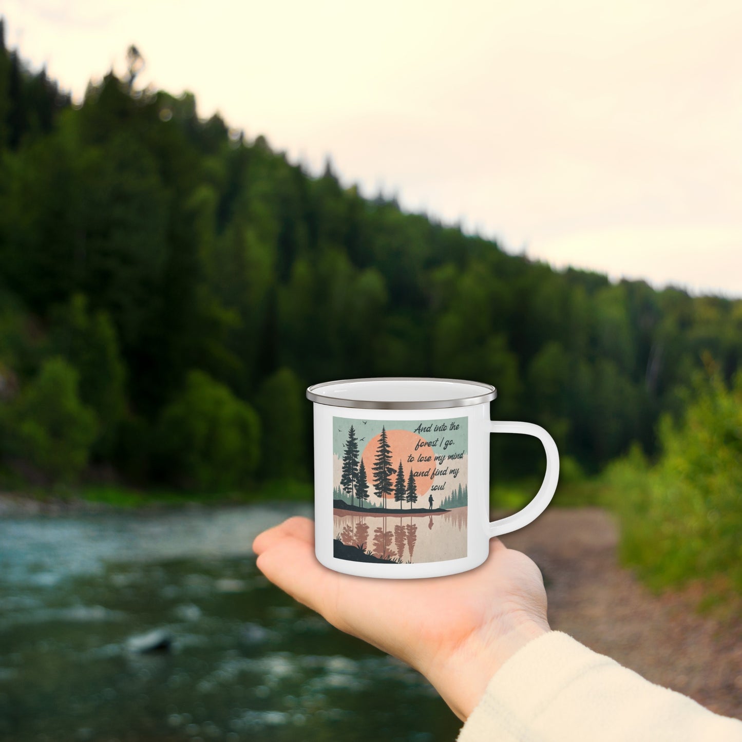 Boho Forest Camping Mug – 'And Into the Forest I Go...' Enamel Cup for Mental Clarity, Healing & Nature Lovers