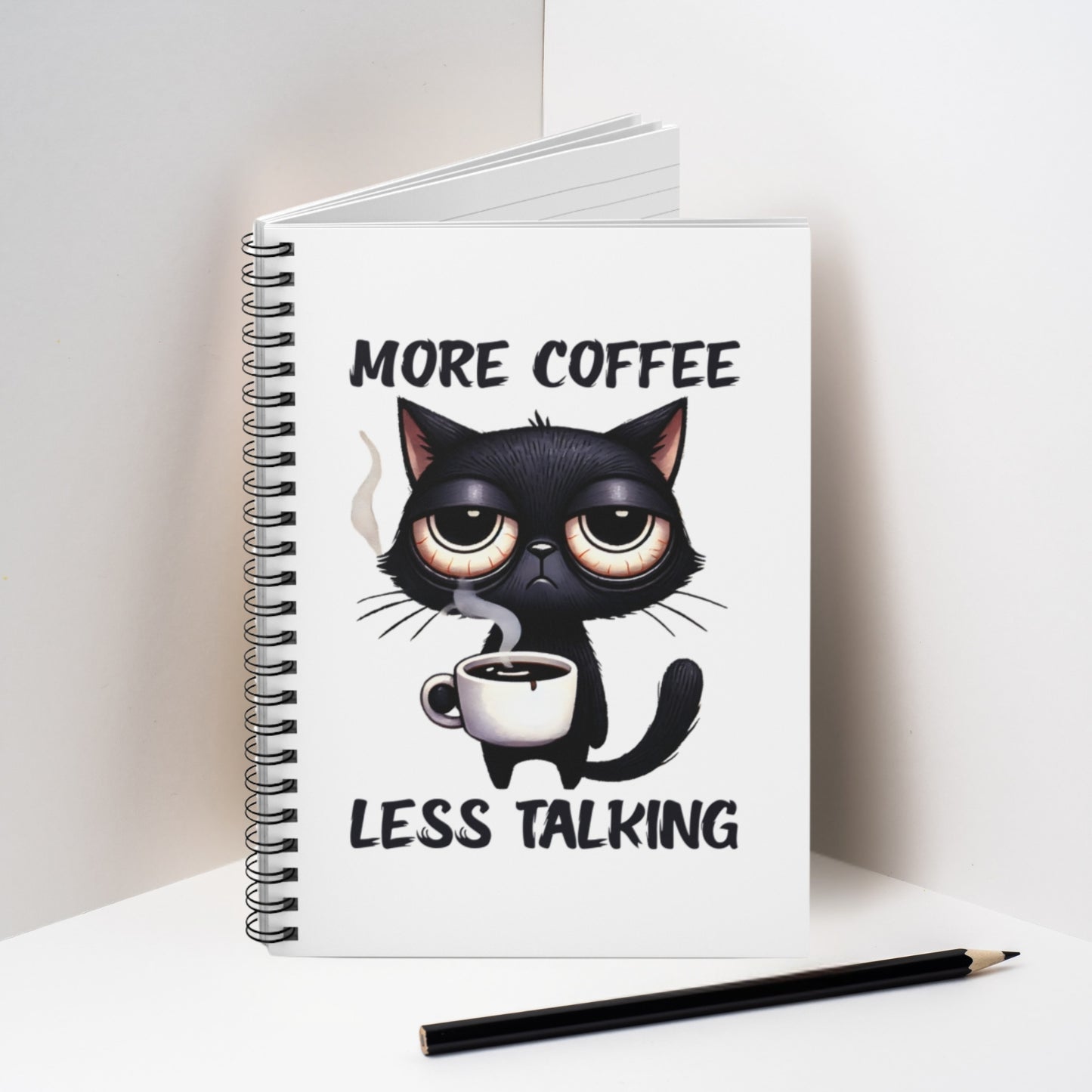 Coffee Cat Spiral Notebook – ‘More Coffee, Less Talking’ – Cute Cat Journal, Daily Planner, Gift for Cat Lovers, School Supplies, Stationery