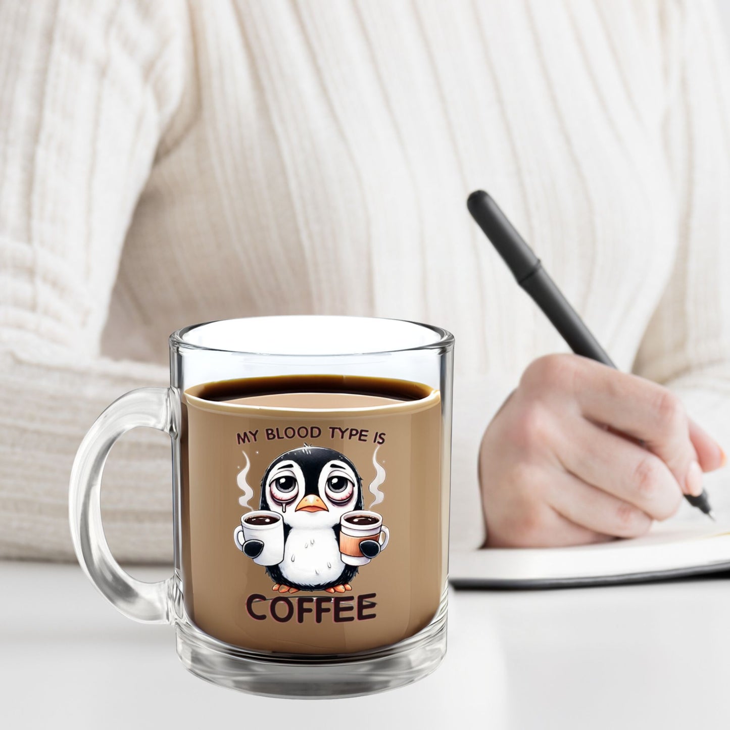 Funny Penguin Glass Mug – 10oz, “Coffee Is My Blood Type” – Perfect Gift for Coffee Lovers