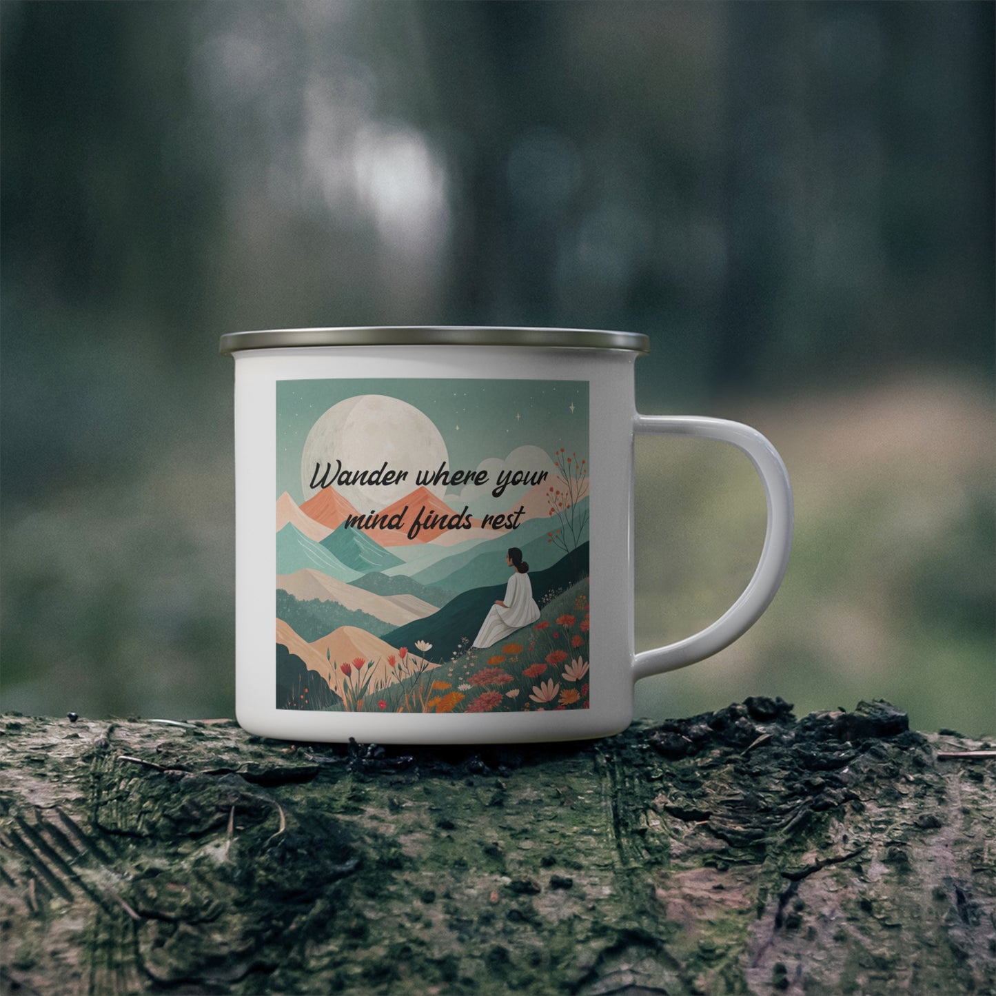 Boho Forest Camping Mug – 'Wander Where Your Mind Finds Rest' Enamel Cup for Mental Clarity, Peace & Nature Lovers