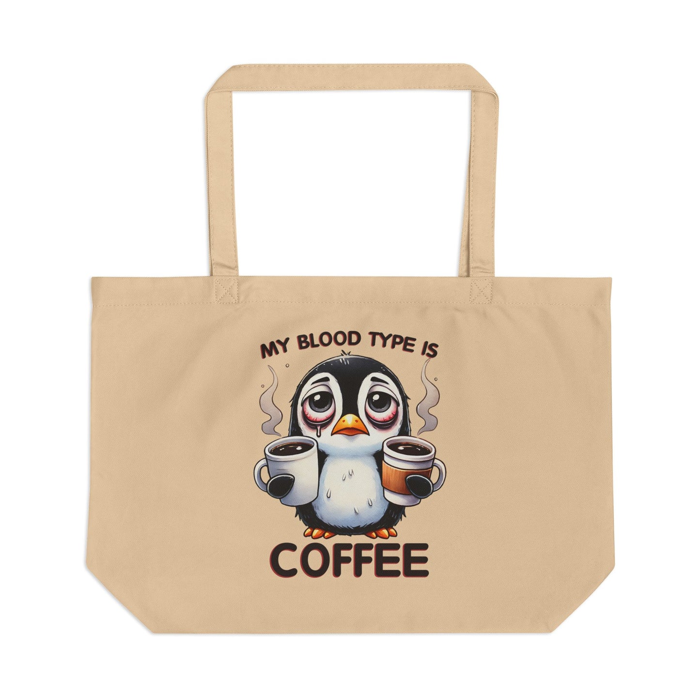 Funny Penguin Eco Tote Bag – Large Organic Cotton, 6-Gallon Capacity, “Coffee Is My Blood Type” Gift for Coffee Lovers