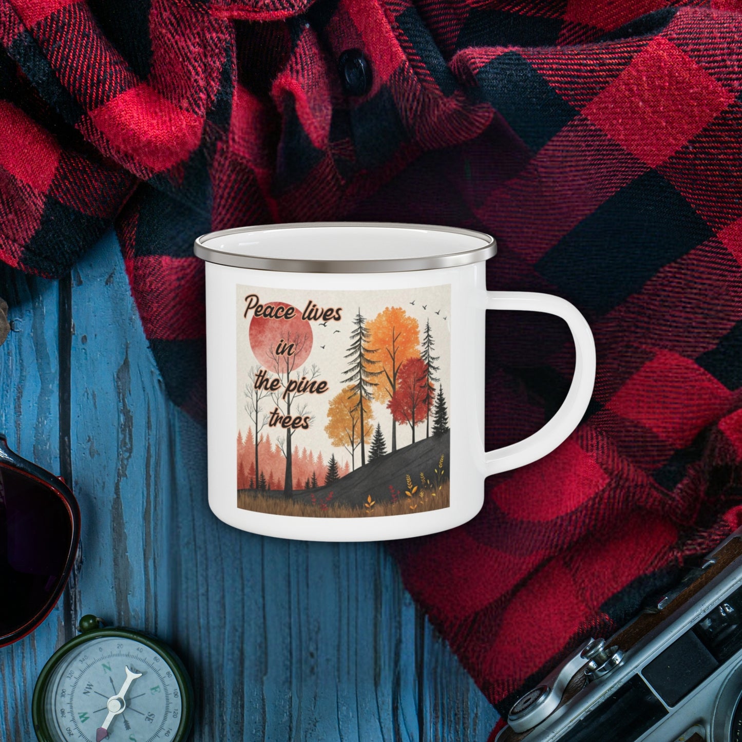 Boho Forest Camping Mug – 'Peace Lives in the Pine Trees' Enamel Cup for Mental Clarity, Healing & Nature Lovers