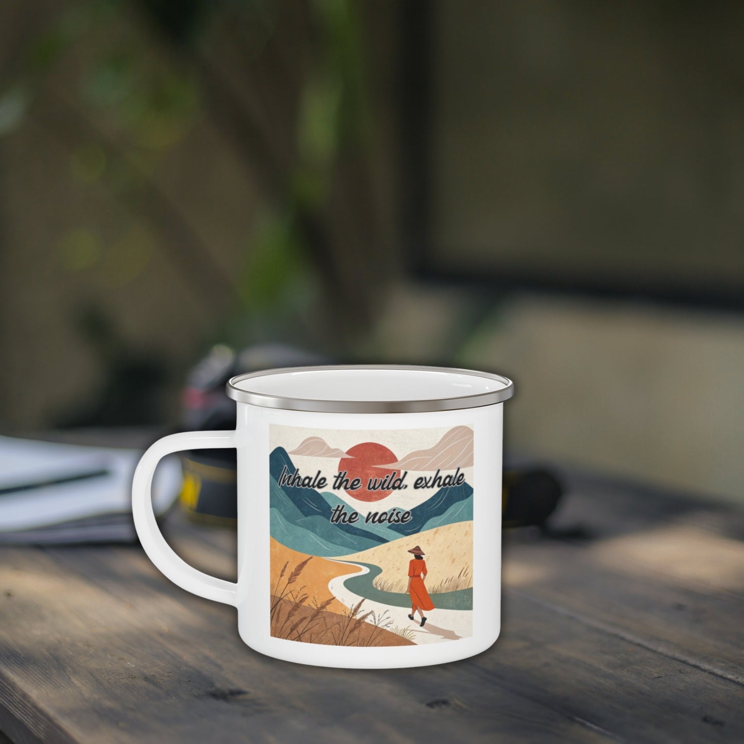 Boho Forest Camping Mug – 'Inhale the Wild, Exhale the Noise' Enamel Cup for Mental Clarity, Inner Peace & Nature Lovers