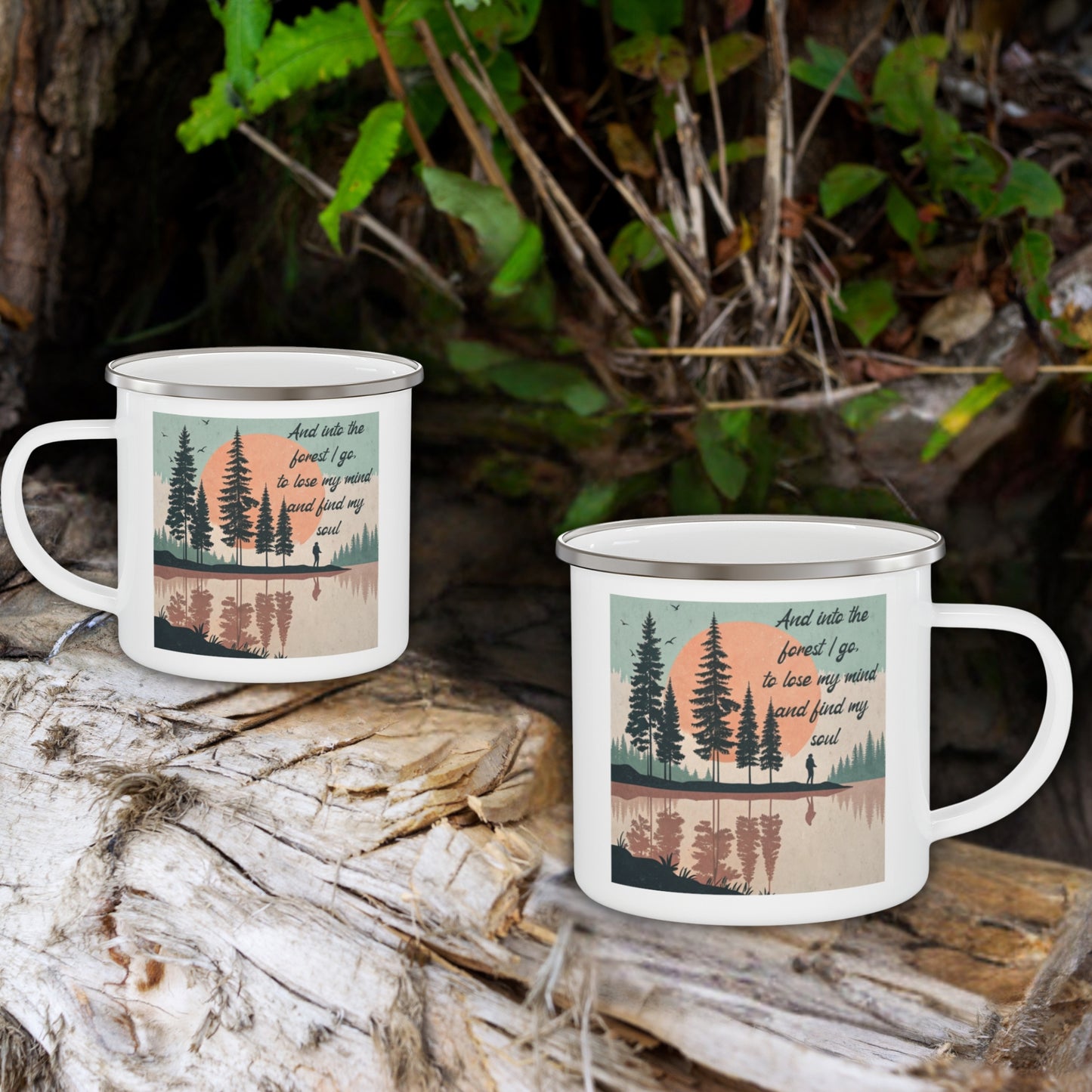 Boho Forest Camping Mug – 'And Into the Forest I Go...' Enamel Cup for Mental Clarity, Healing & Nature Lovers