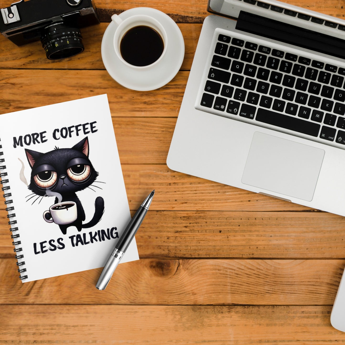 Coffee Cat Spiral Notebook – ‘More Coffee, Less Talking’ – Cute Cat Journal, Daily Planner, Gift for Cat Lovers, School Supplies, Stationery