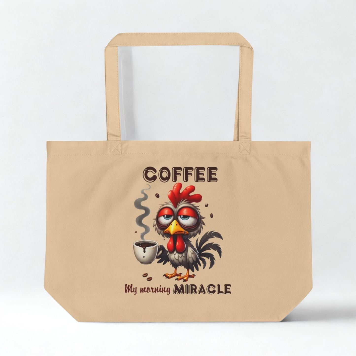 Funny Rooster Eco Tote Bag – Large Organic Cotton, 6-Gallon Capacity, Coffee Lover Gift