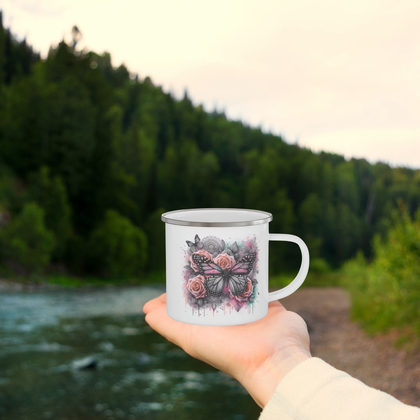 Floral Butterfly Enamel Camping Mug – Artistic Outdoor Coffee Cup for Nature Lovers
