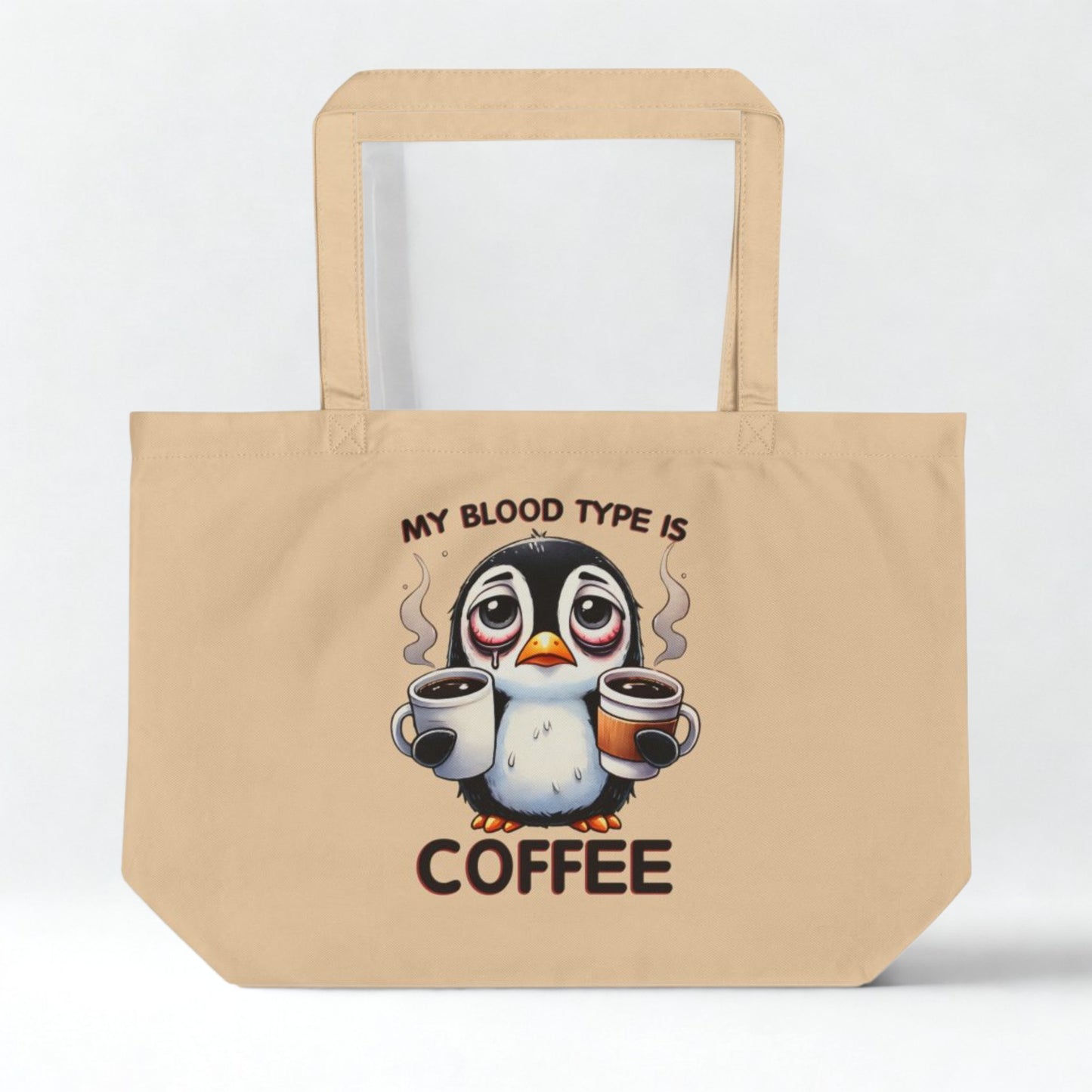 Funny Penguin Eco Tote Bag – Large Organic Cotton, 6-Gallon Capacity, “Coffee Is My Blood Type” Gift for Coffee Lovers